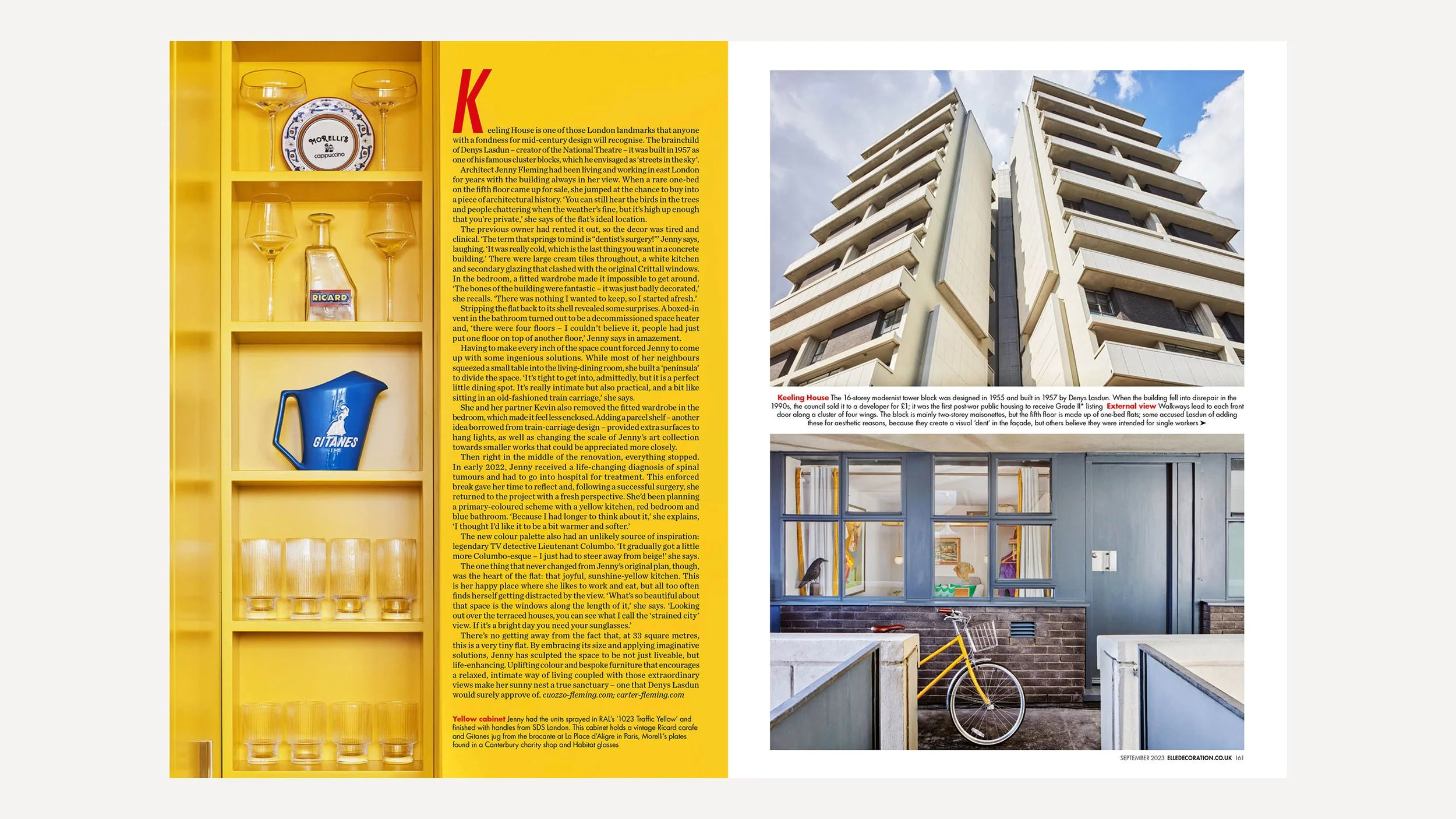 A magazine layout featuring a yellow interior wall with shelves holding glasses and a pitcher, an article about a London landmark building with a photo of a modern high-rise tower, and above this a blue house with large windows and bicycles outside.
