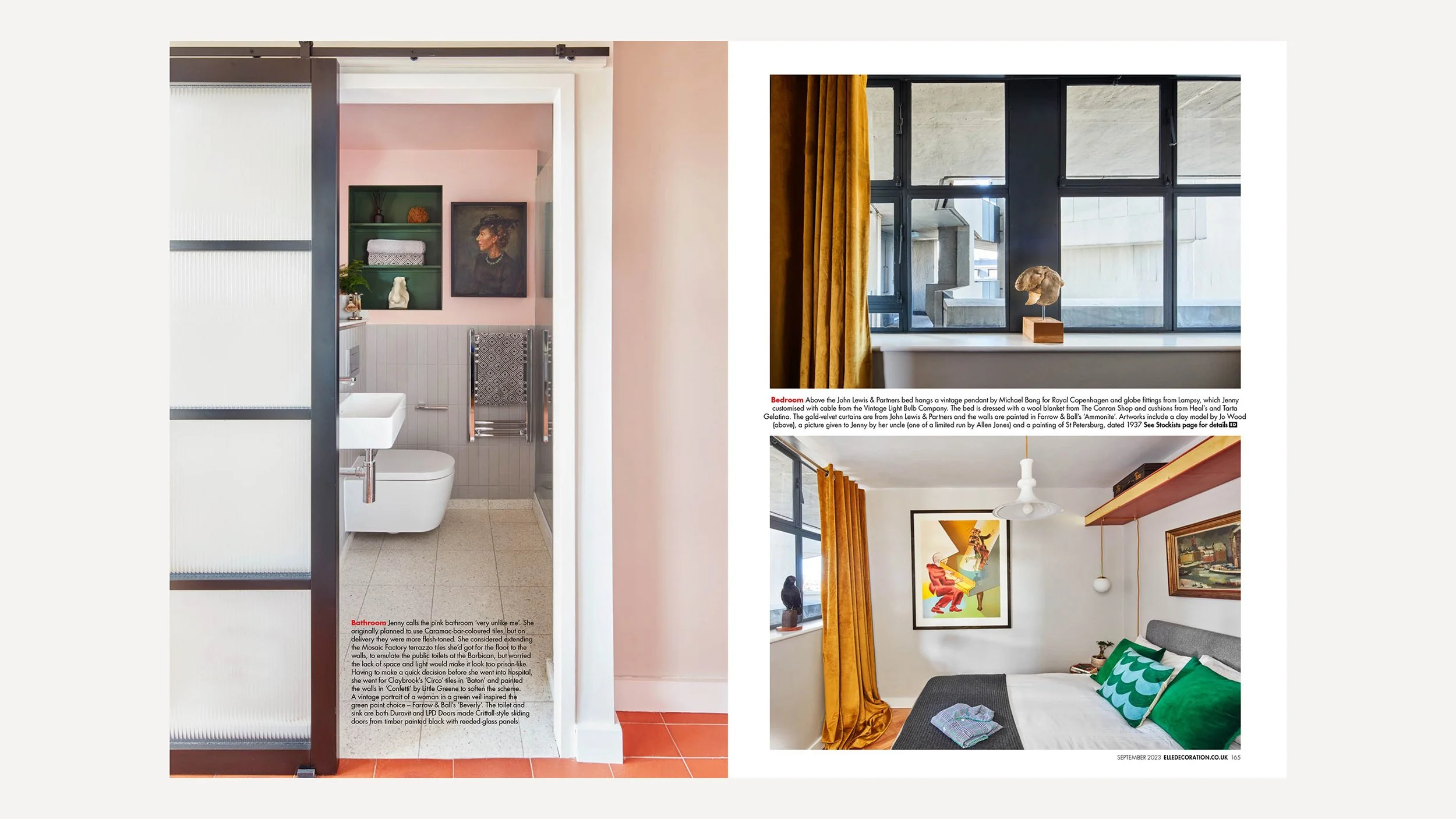 Photo of a pink-themed bathroom with a white toilet visible through a doorway, containing built-in shelves with decorative objects, and a framed portrait on the wall.