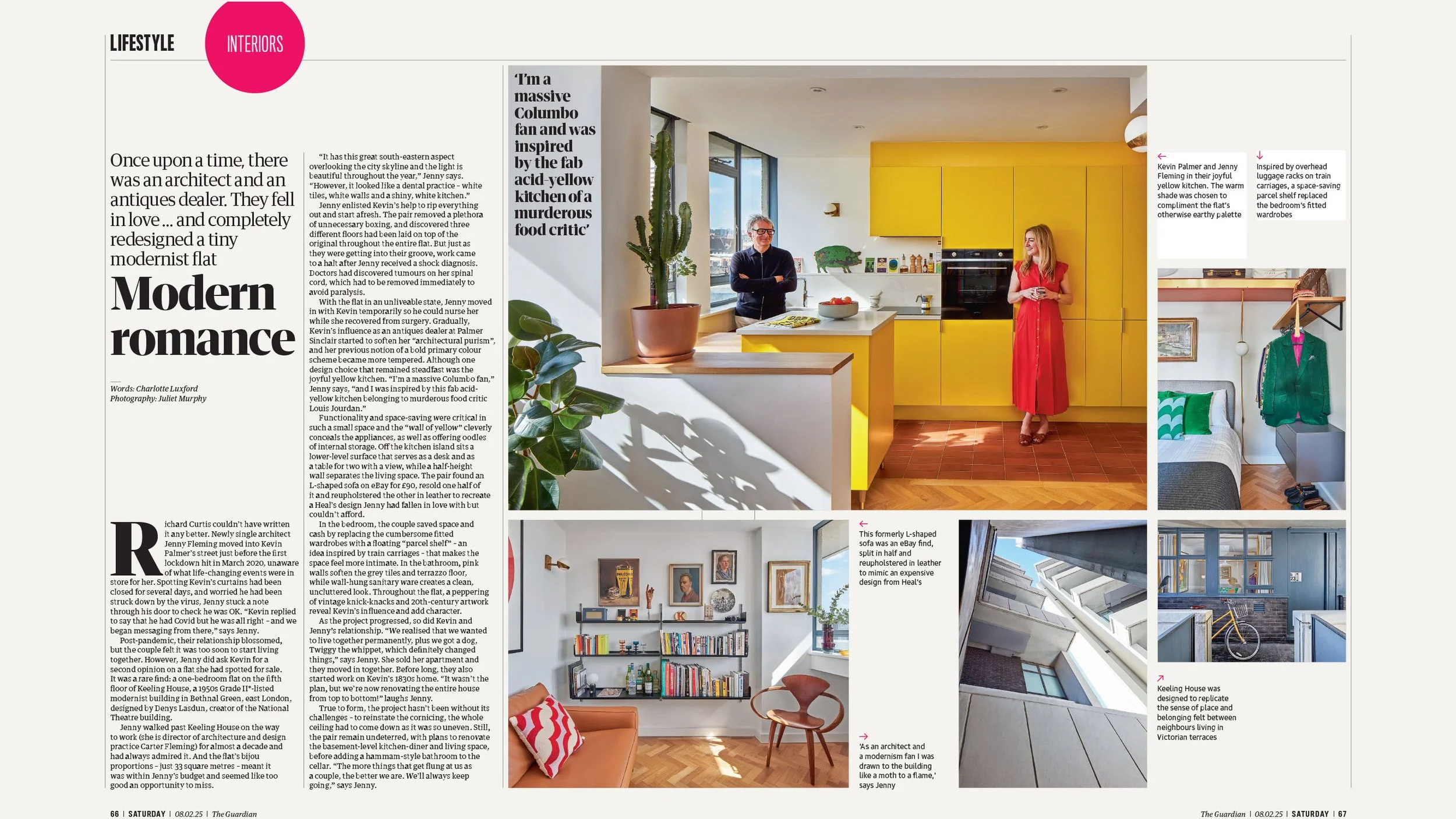 A magazine spread featuring interior design of a modern yellow kitchen with two people, one man and one woman, standing and smiling. The kitchen has large windows, potted plants, and minimalist decor. Additional smaller images show interior details like a bookshelf, a living room, and architecture.