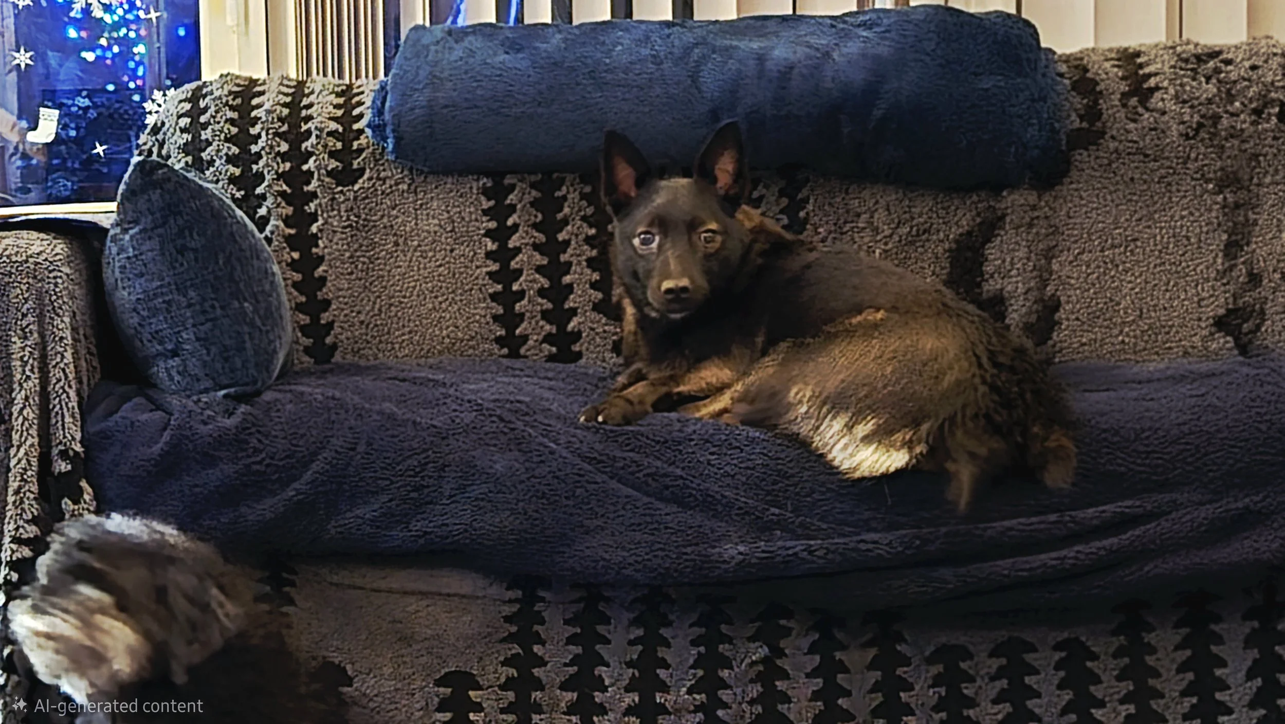 A small black and tan dog lying on a dark, plush sofa with patterned pillows, in a cozy room decorated for Christmas with lights and ornaments in the background.
