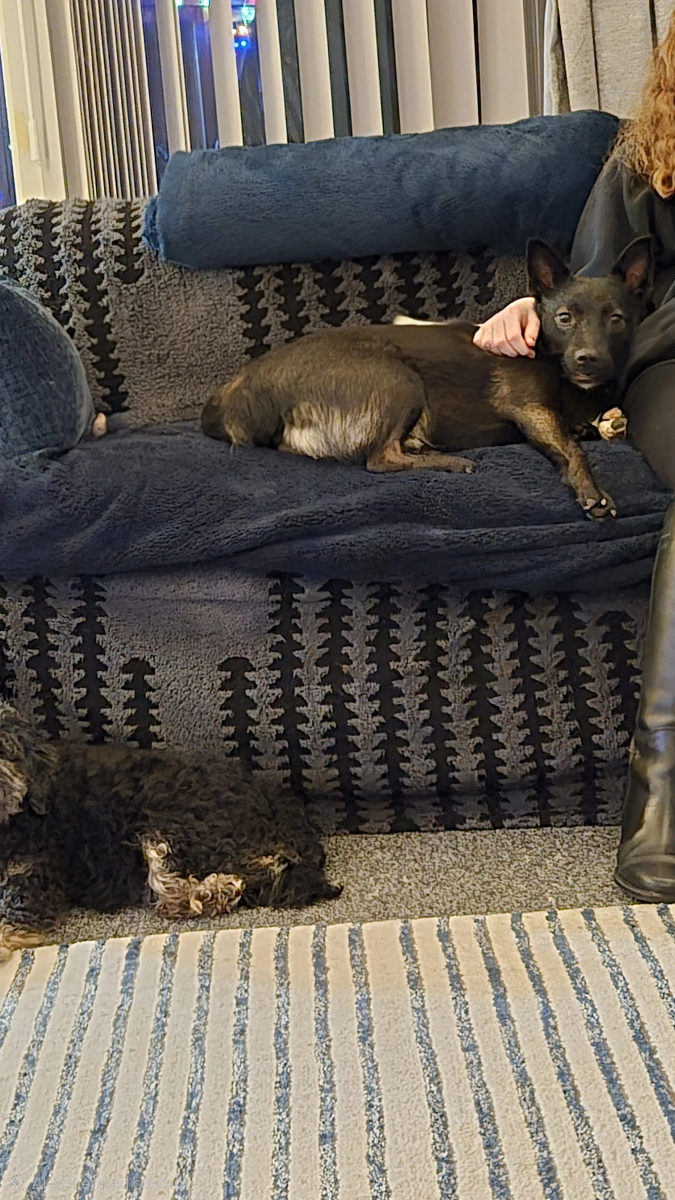 A black dog lying on a dark blue couch with a gray and black patterned blanket, a person's hand petting the dog, and a black and tan puppy sleeping on the floor nearby, with a striped rug in front of the couch.