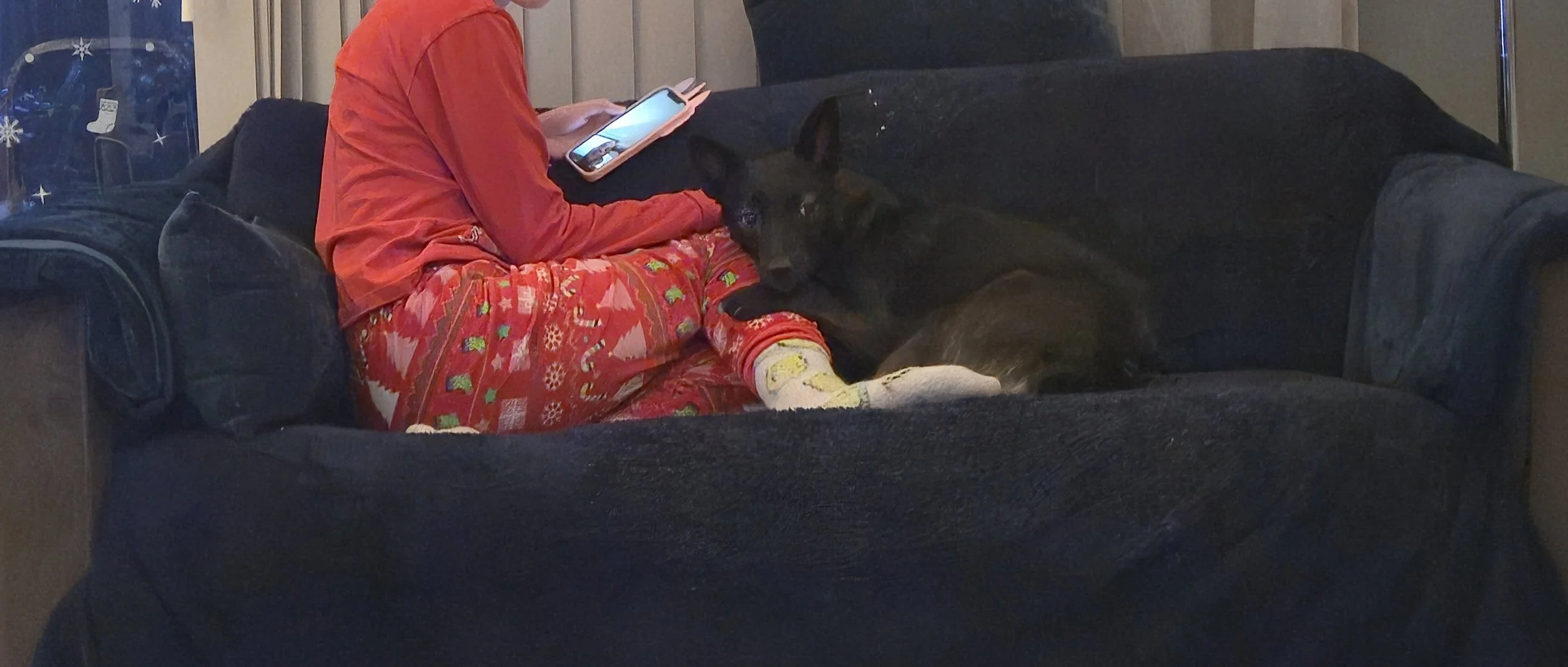 Child in colorful holiday pajamas seated on a dark sofa, using a tablet while resting against a black dog lying beside them.
