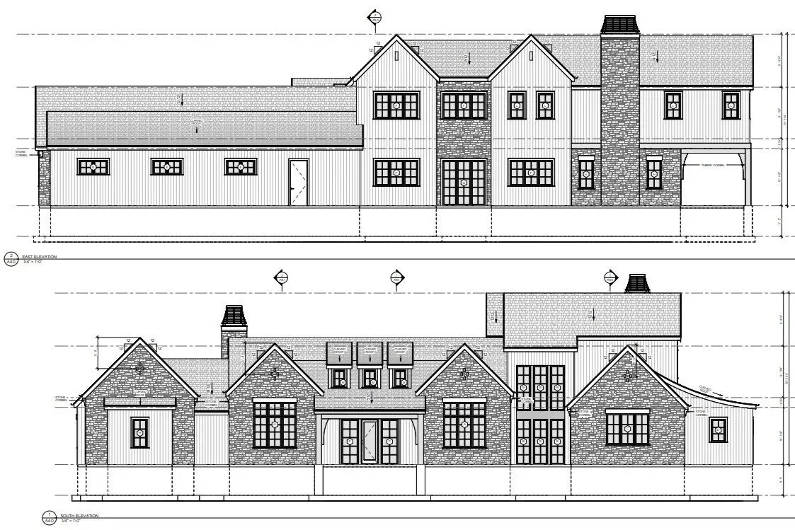 Architectural blueprint of a two-story house showing front and side elevations with windows, doors, a chimney, and roof details.