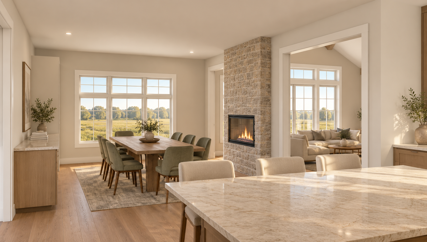 Open-concept living and dining area with large windows showing outdoor greenery, a brick fireplace, and neutral furniture.