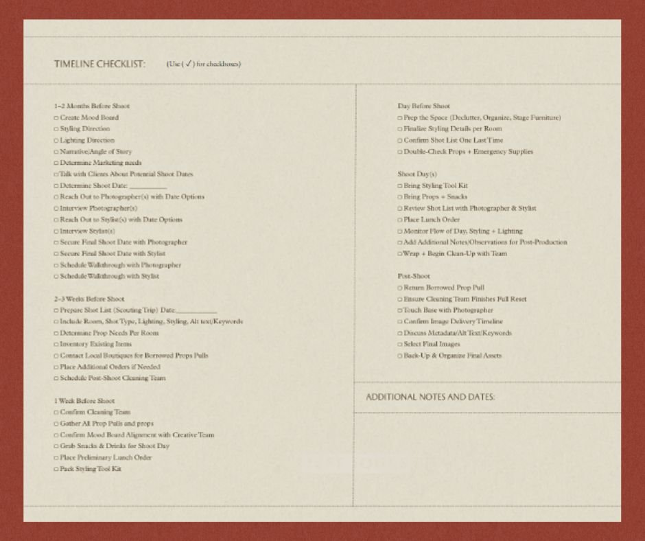 A printed photography shot and shoot checklist including a timeline with tasks for 1-2 months before shoot, 2-3 weeks before shoot, and 1 week before shoot, as well as day before shoot and post-shoot tasks. It also has a section for additional notes and dates.