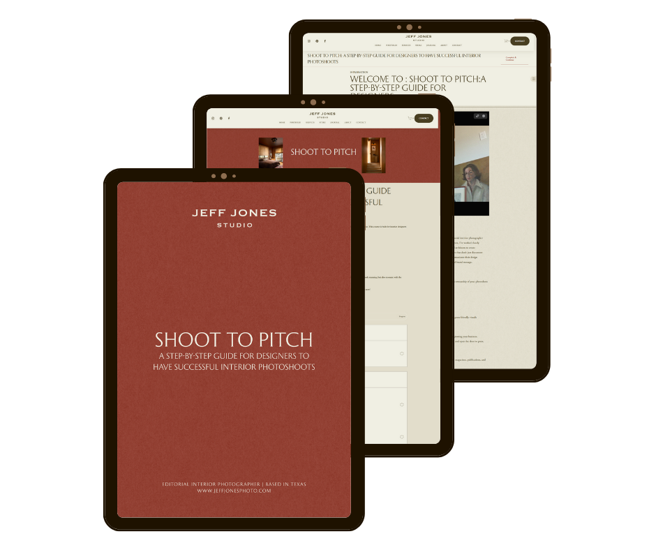 Three tablet screens displaying a website titled "Shoot to Pitch: A Step-by-Step Guide for Interior Photographers" by Jeff Jones Studio, with the main screen showing the cover page in a reddish background, and the other screens showing interior images and other pages of the guide.