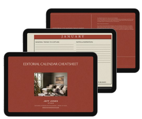 This "Editorial Calendar Cheat Sheet" is created for interior designers and photographers by Jeff Jones an interior photographers based in Texas.