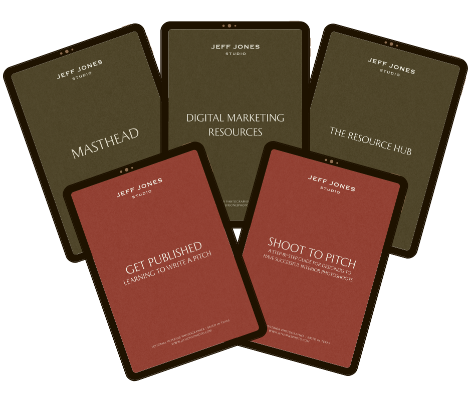 Multiple smartphones displaying digital marketing resources and guides by Jeff Jones Studio, including titles like "Masthead," "The Resource Hub," "Get Published," and "Shoot to Pitch." Created by Jeff Jones of Jeff Jones Photography