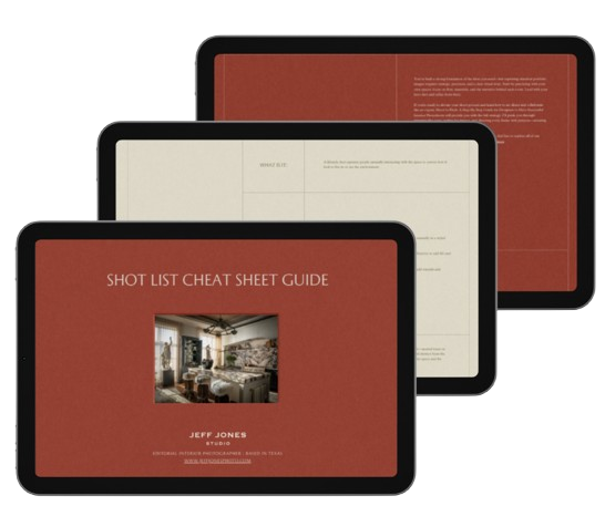 A cover for the Shot List Cheat Sheet Guide that's created by Jeff Jones, an interior photographer based in Texas.