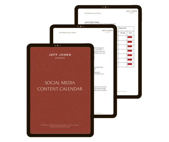 Social Media Content Calendar document for interior designers and photographers created by  Jeff Jones, an interior photographers based in Texas.