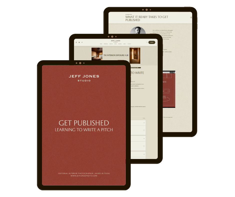 Multiple overlapping tablet screens displaying a website titled "Get Published" by Jeff Jones Studio, about learning to write a pitch, with a background in dark brown. Created by Jeff Jones of Jeff Jones Photography