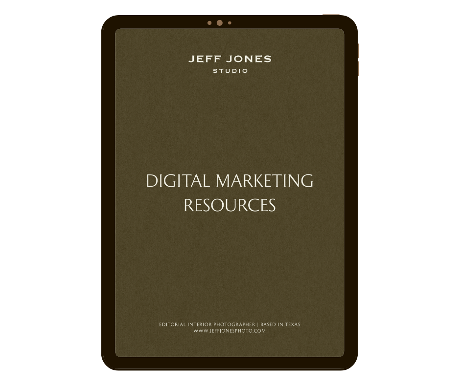 Cover of a digital marketing resources booklet by Jeff Jones, with a brown background and white text, including his credentials as an interior photographer based in Texas. Created by Jeff Jones of Jeff Jones Photography