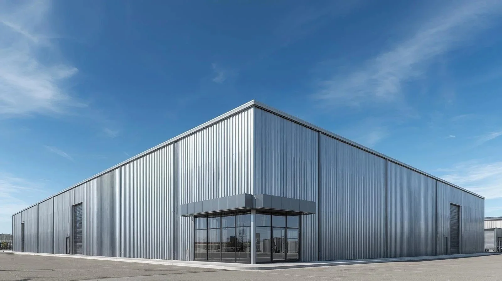 Modern industrial warehouse building with metal siding and large glass entrance under a blue sky.
