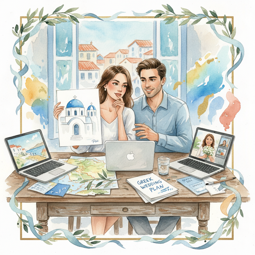 couple planning their destination wedding in santorini