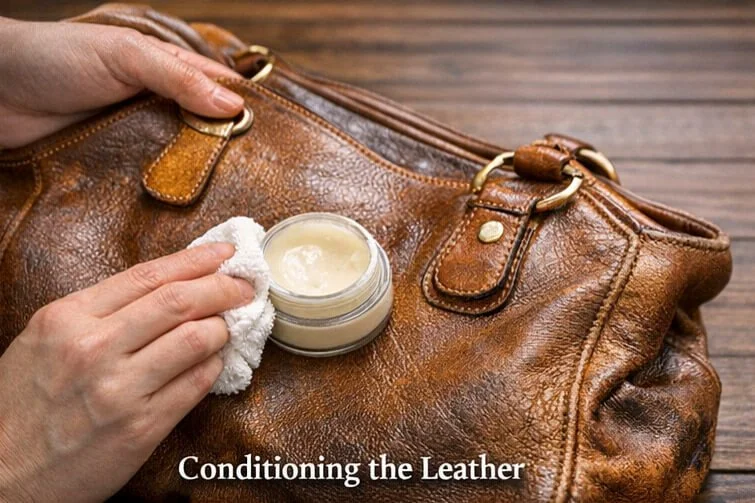 Conditioning dry leather on a luxury handbag to restore softness and colour