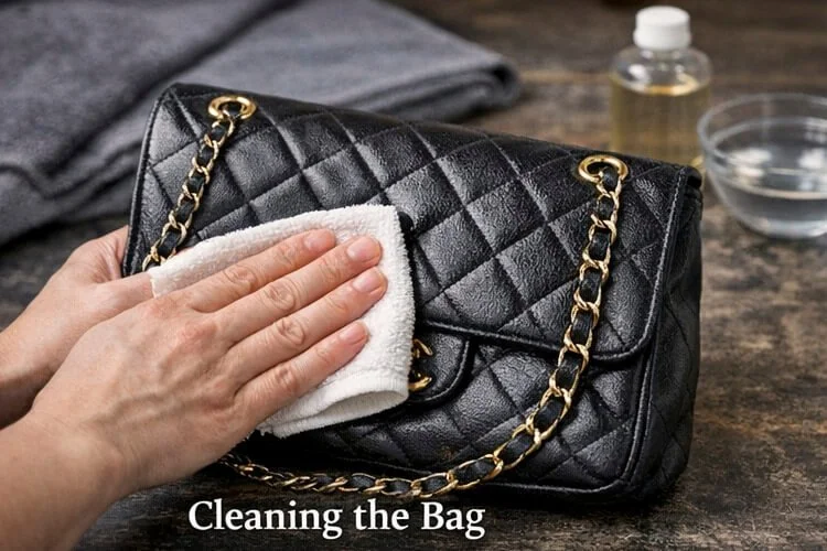 Cleaning a worn designer leather handbag using a soft cloth and leather cleaner