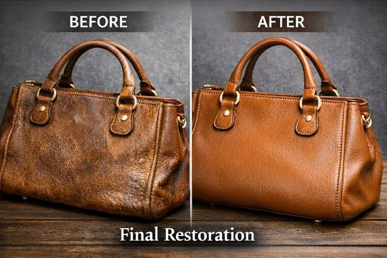 Before and after restoration of a worn designer leather handbag
