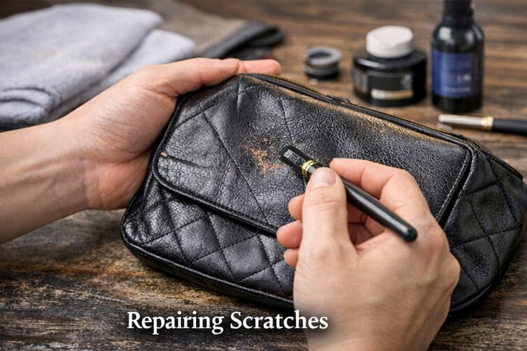 Repairing scratches on a designer leather bag during professional restoration