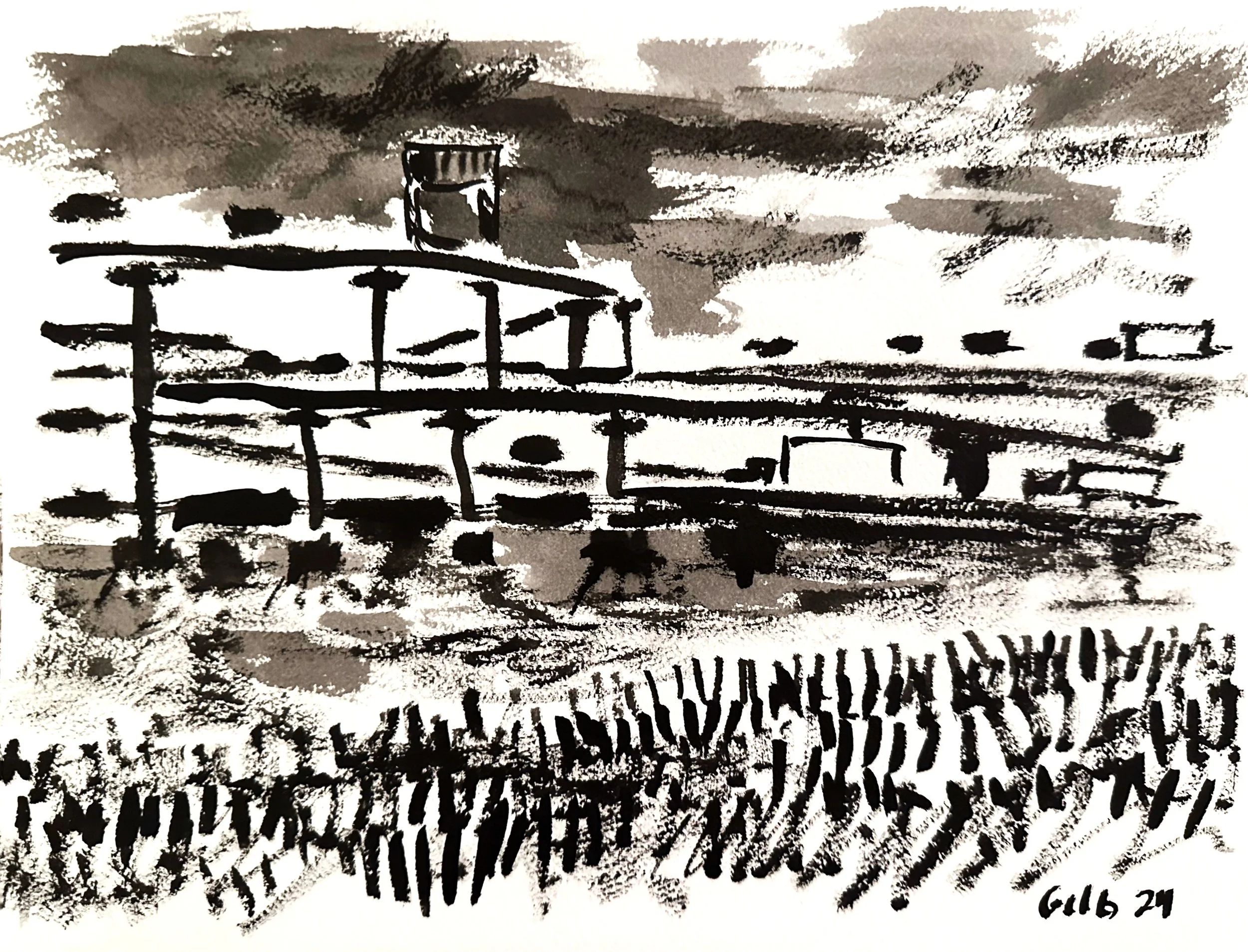 Untitled Drawing, ink and wash on arches paper, 9" x 12", January 2024 