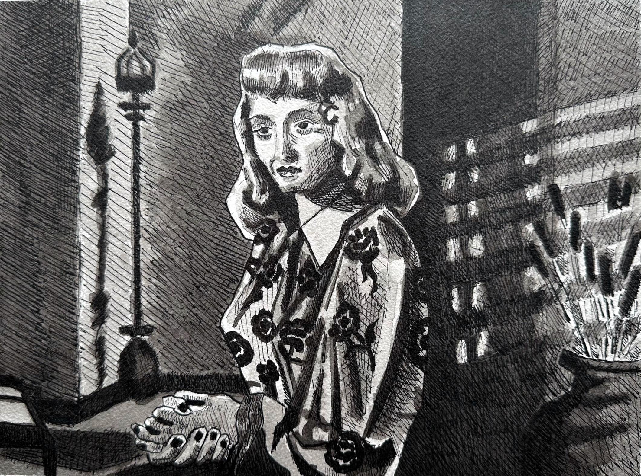 Double Indemnity/India Ink, wash on arches paper/ 7.5" x 10"/ January 2024 