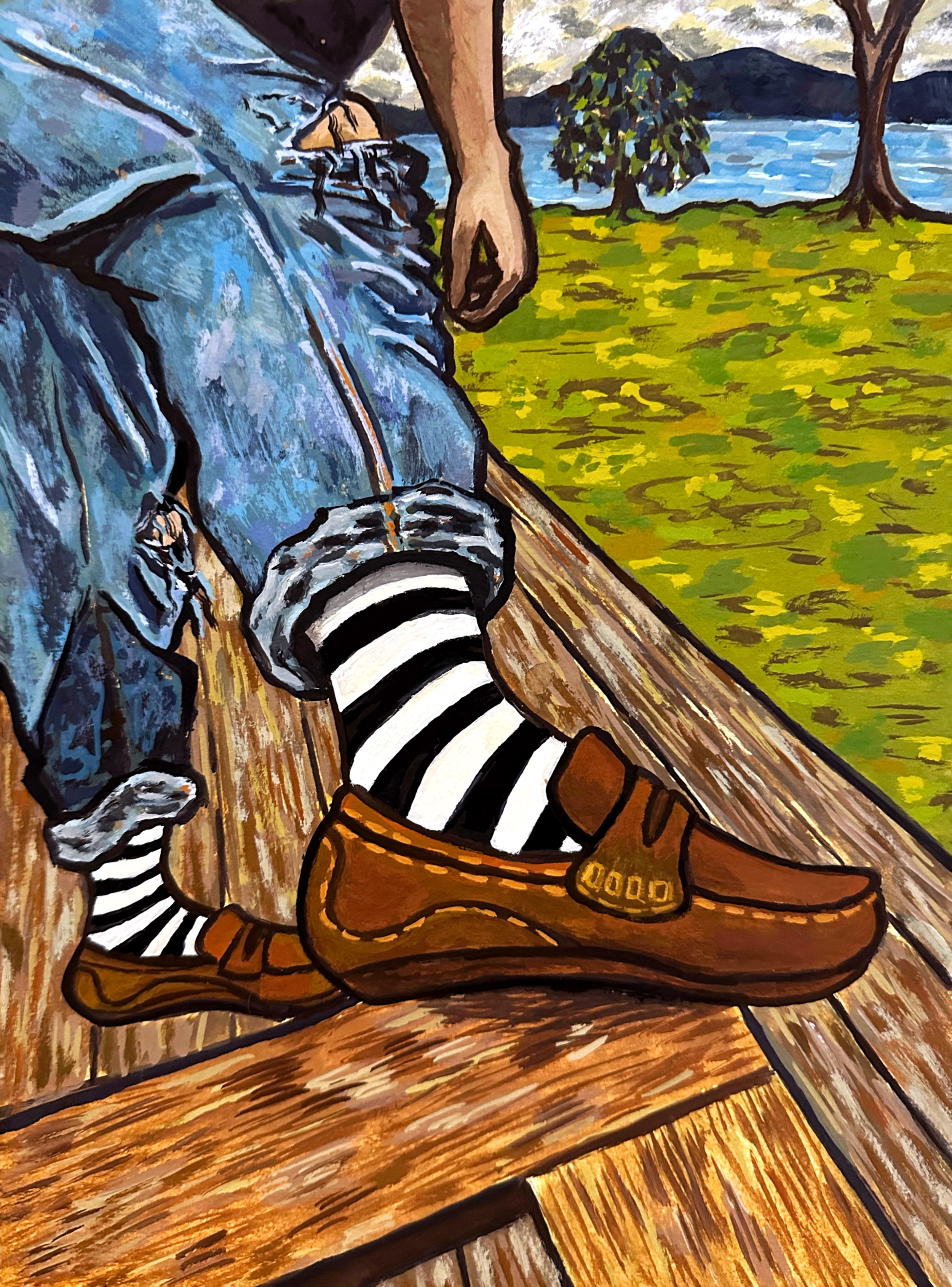 Stripy Socks/gouache on panel/12"x9"/August 2024