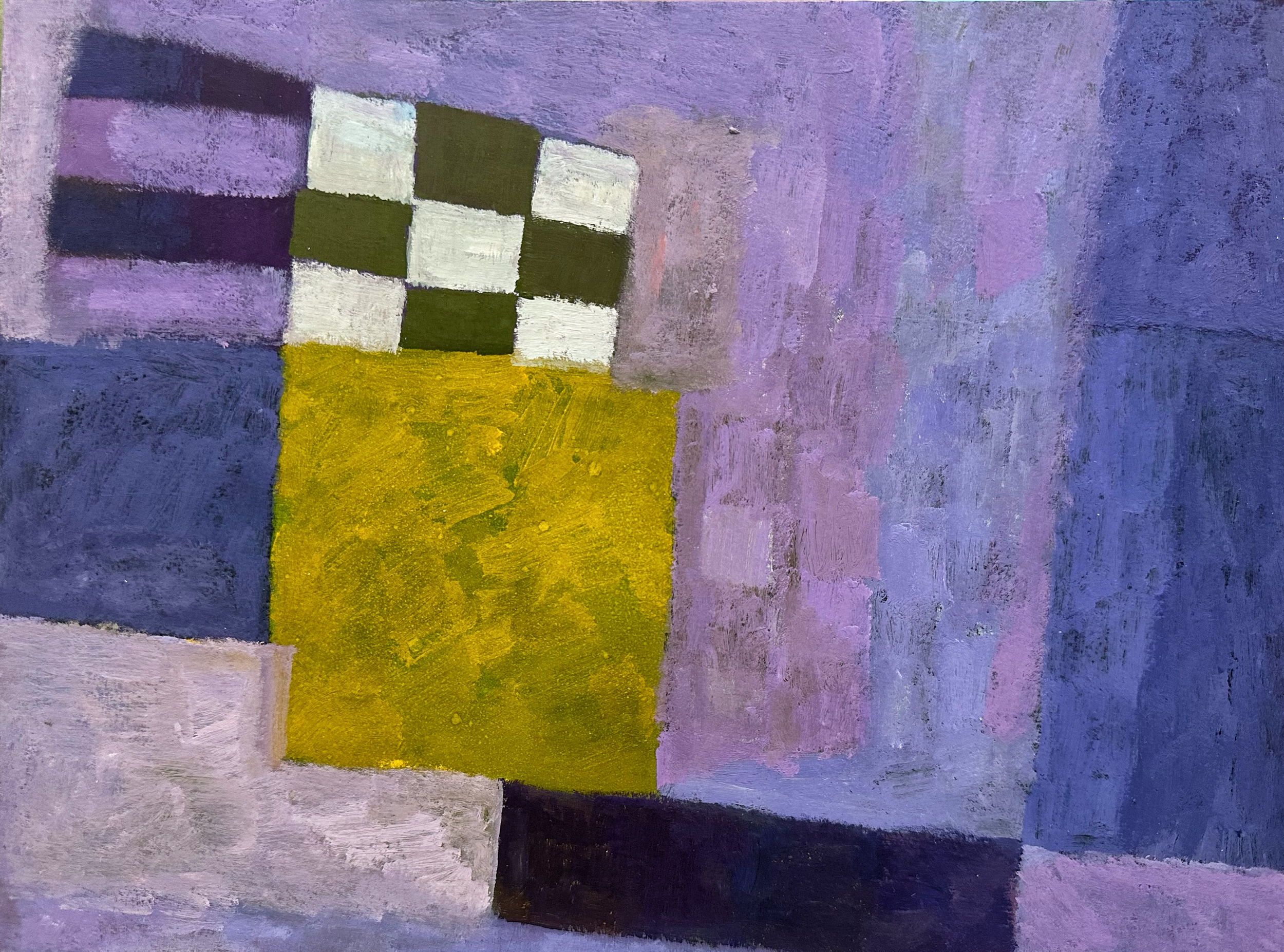 Purple/green abstraction/gouache on panel/9"x12"/September 2023