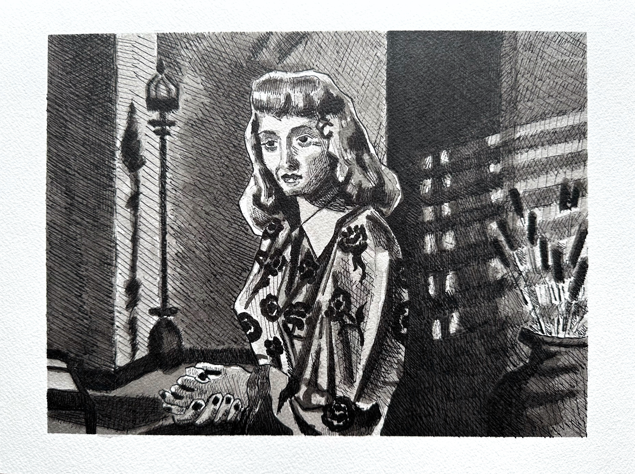 Double Indemnity/India Ink, wash on arches paper/ 7.5" x 10"/ January 2024 