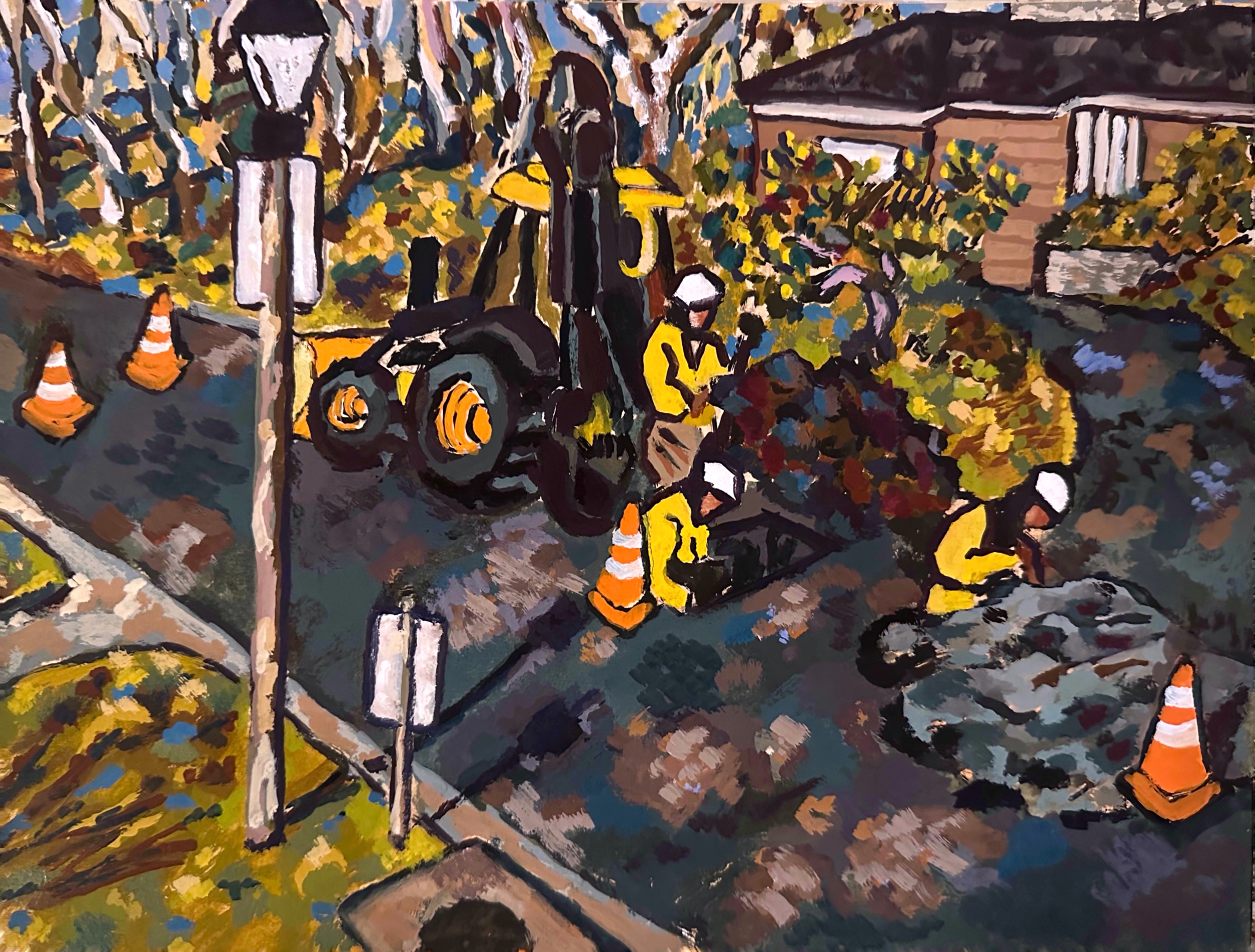 Road Work/gouache on panel/9"x12"/May 2024