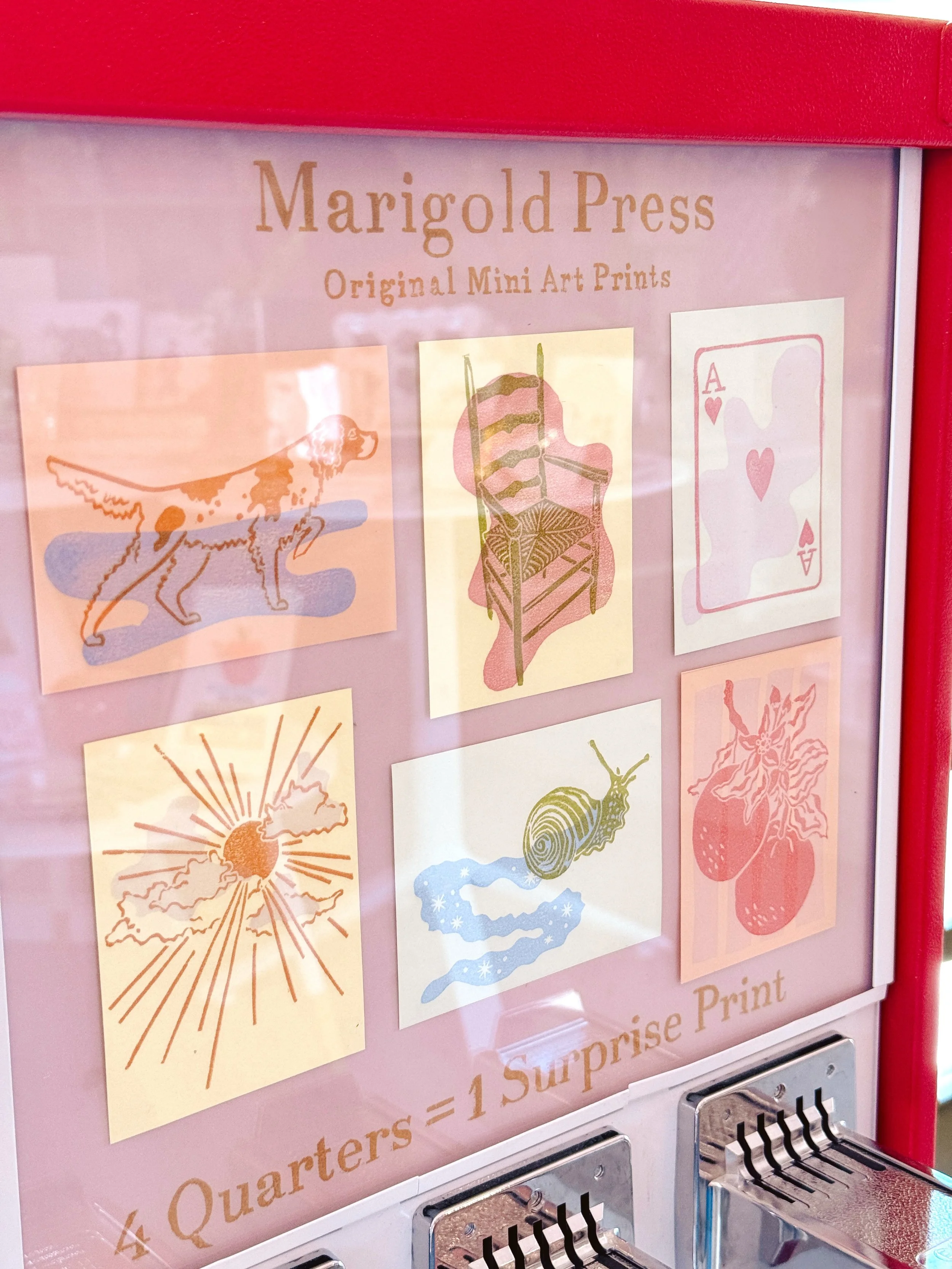 @marigold_press print machine just got a spring refresh &amp; we are soooo obsessed with this new batch! 🐌🌱🌞 Come see us anytime between 10am-6pm to check out our newest spring arrivals &amp; grab a surprise print! ✨🥹 Which is your fav? 

#shopsm
