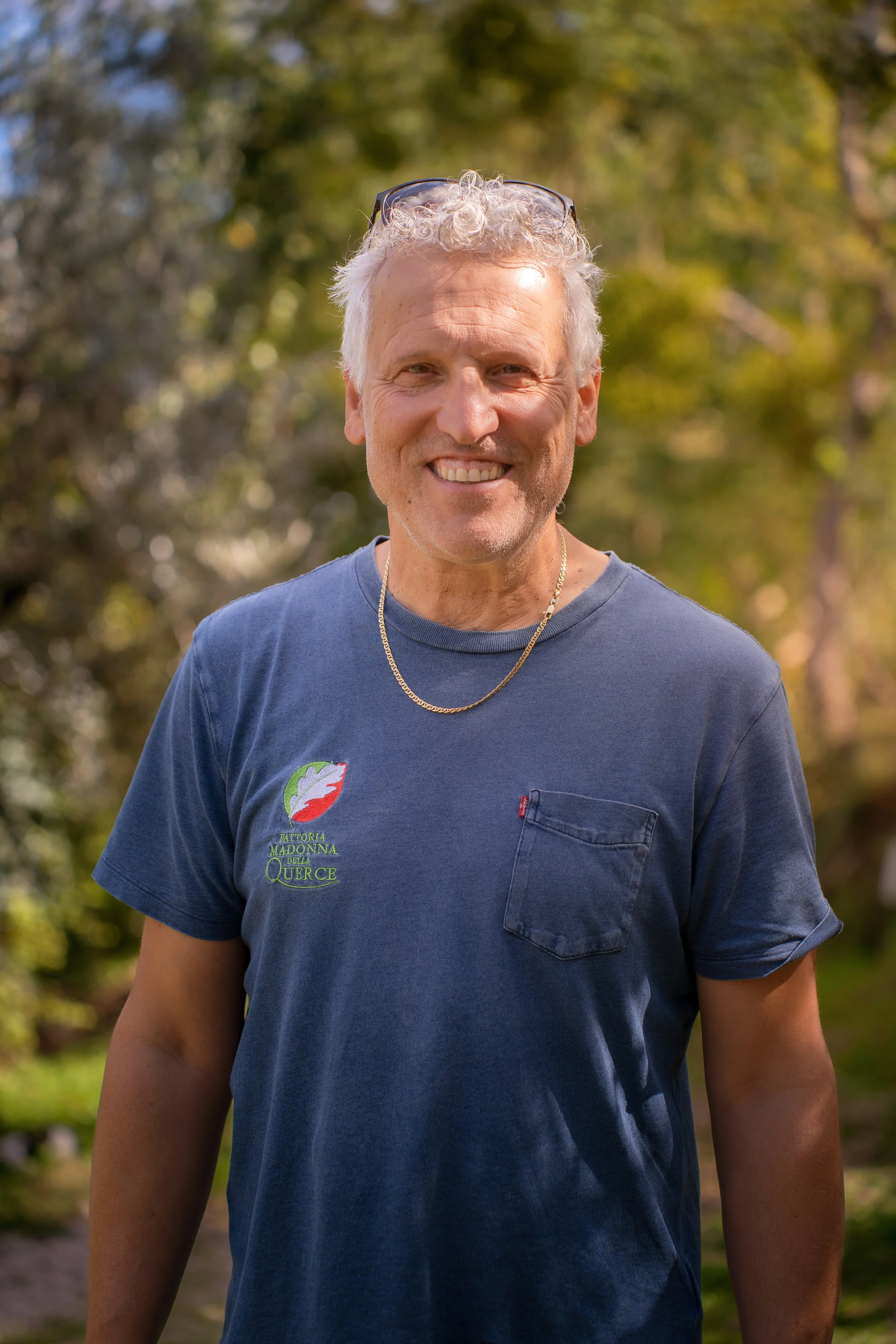 A smiling middle-aged man with curly gray hair, wearing sunglasses on his head, a gray T-shirt with a logo on the left chest, and a gold chain necklace, outdoors in a park during daytime with blurred green trees and sunlight in the background.