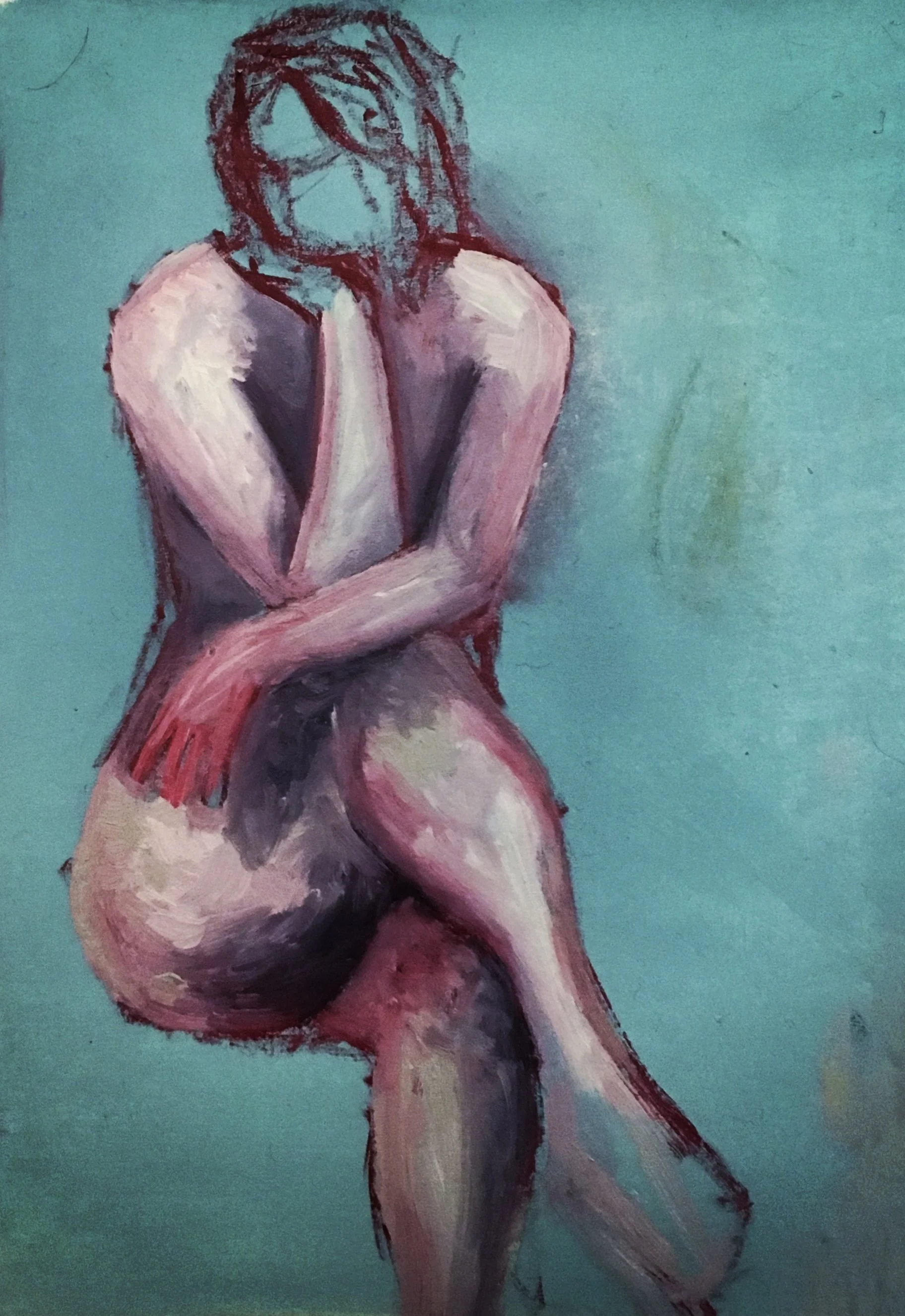 An abstract painting of person in thought, sitting against a teal background, using expressive brushstrokes and a limited color palette.