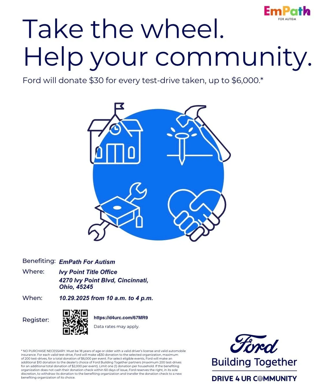 🚗 Make your next drive count for something bigger!
Join us for Ford’s Drive 4 UR Community event on Oct. 29 anytime from 10am–4pm at our EmPath’s Offices (4270 Ivy Pointe Blvd., Cincinnati Ohio, 45245).
Every test drive = $30 don