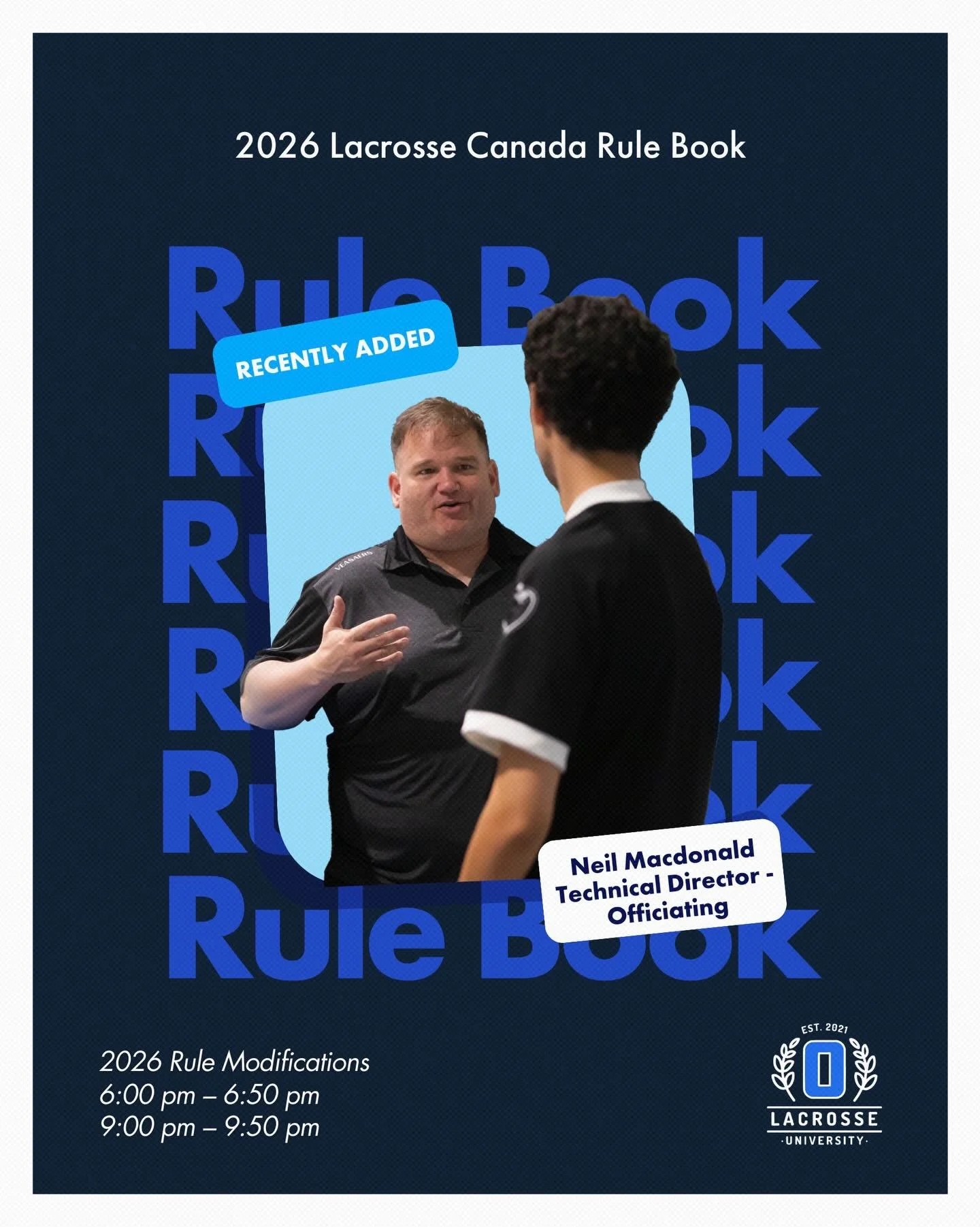 🆕📘 We have added two sessions to the Ontario Lacrosse University module schedule this weekend.

The 2026 Rule Modification session will provide a clear overview of key updates to the 2026 Lacrosse Canada Rule Book and what your club needs to know h