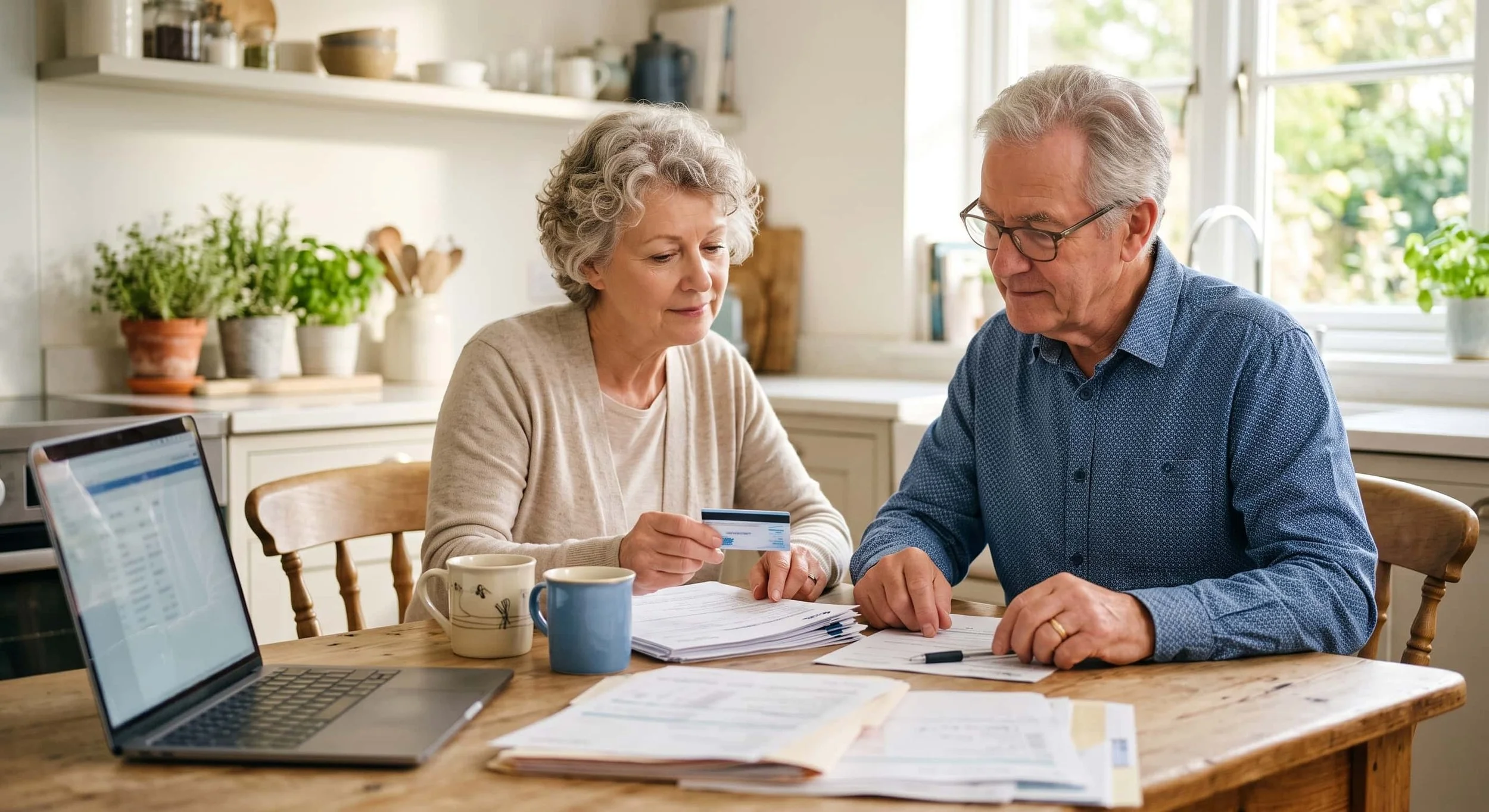 A senior couple at a sunlit kitchen table reviewing Medicare paperwork about transportation coverage