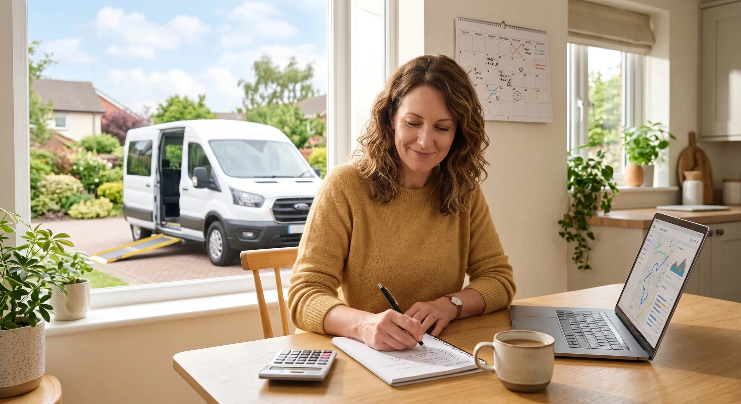 Woman planning medical transportation costs at a kitchen table with an accessible van outside