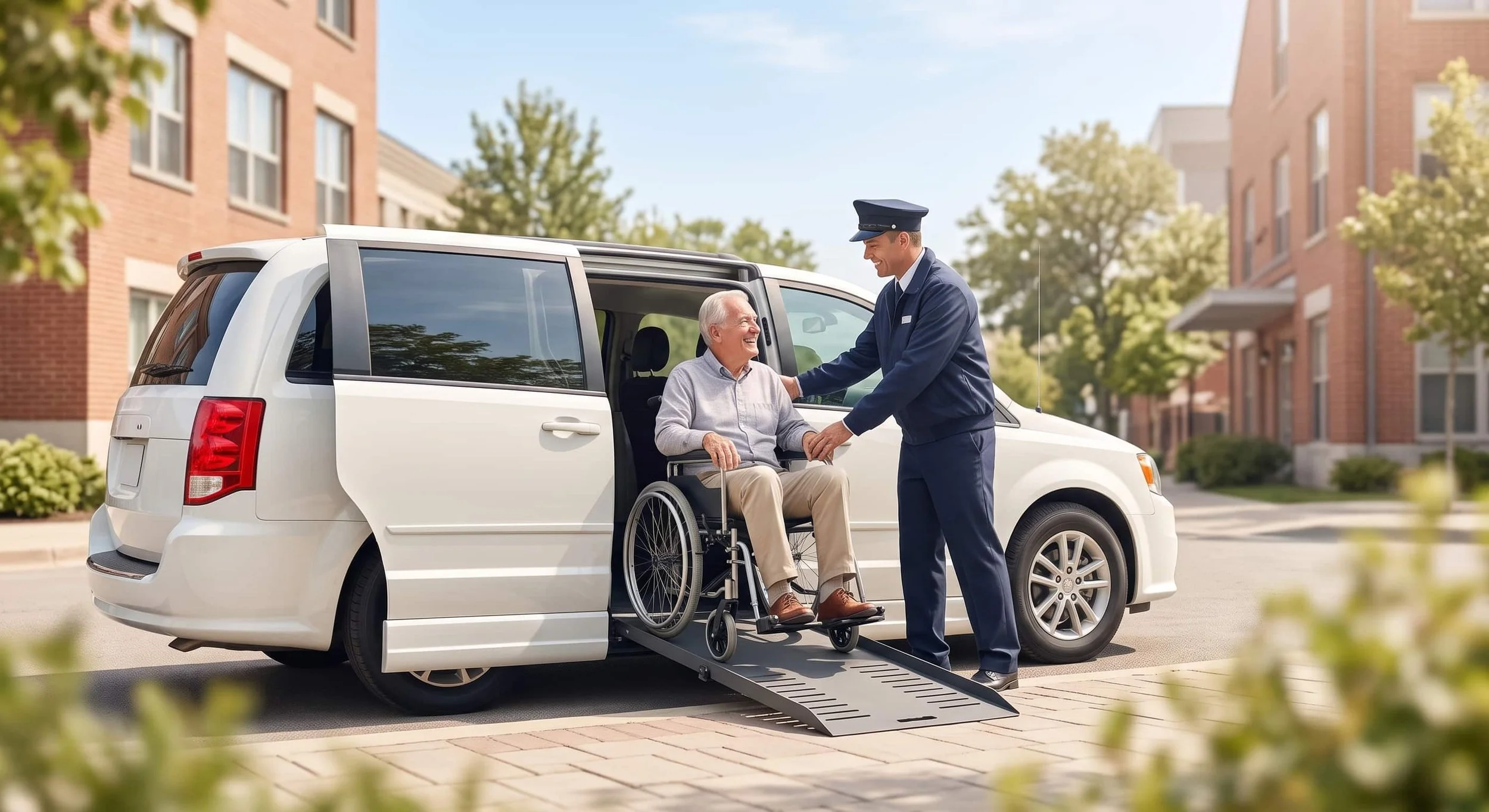 Uniformed driver helping a smiling senior in a wheelchair board a wheelchair-accessible van by the ramp in daylight