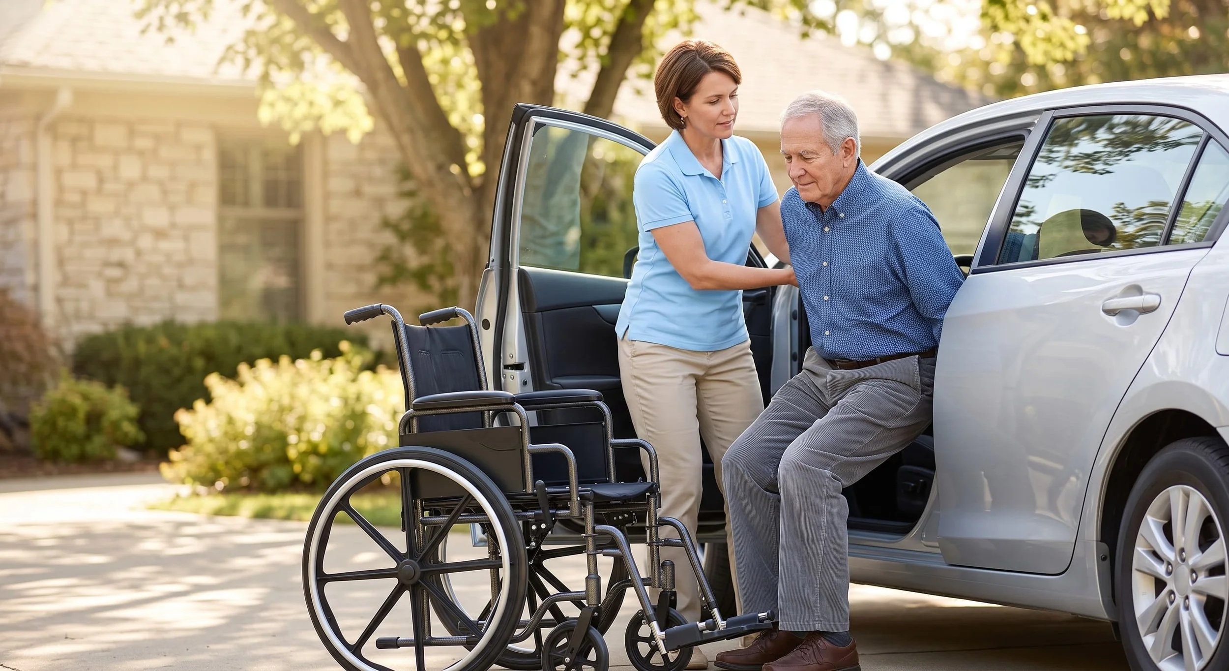 A caregiver helping an older man transfer from a wheelchair into a car seat in a bright, sunny driveway