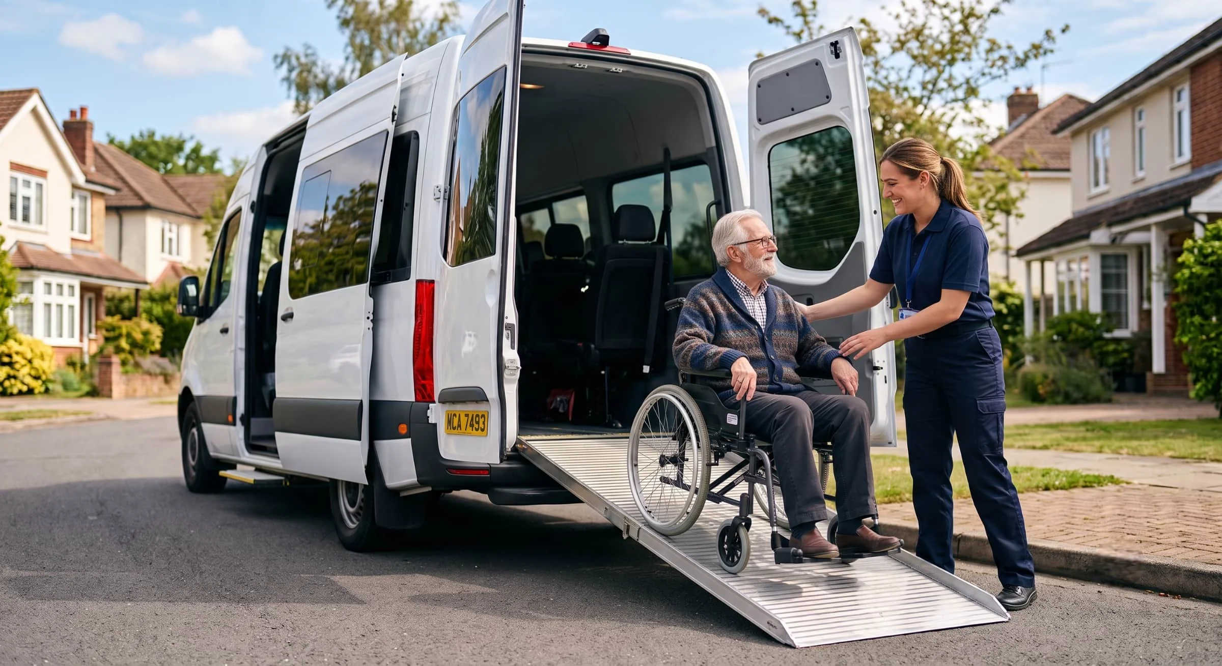 A driver helps an older wheelchair user board an accessible medical transport van by ramp on a sunny street, showing non-emergency wheelchair and dialysis rides.