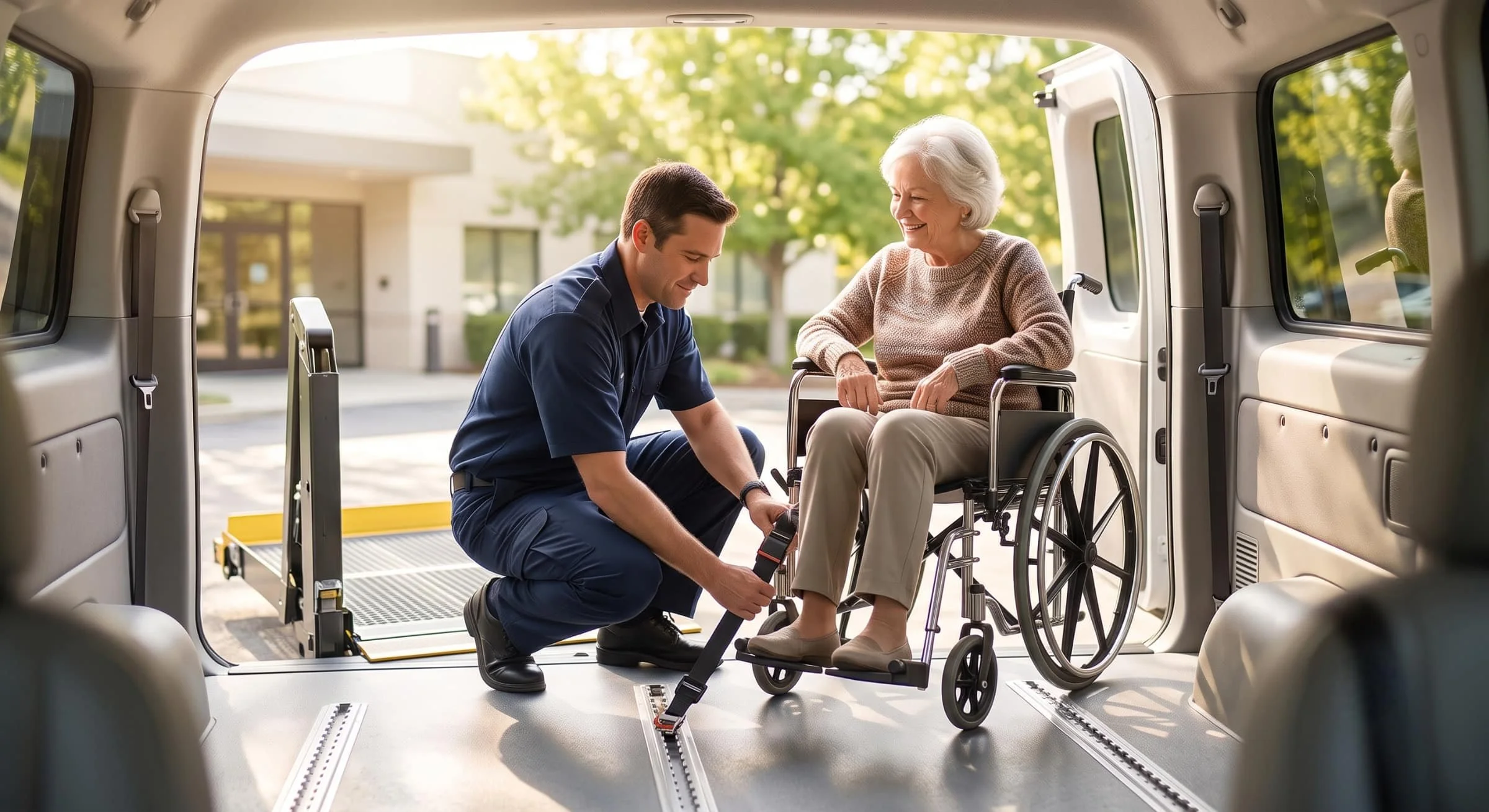 A transport attendant securing an older adult's wheelchair inside a bright non-emergency medical transport van with a rear lift.