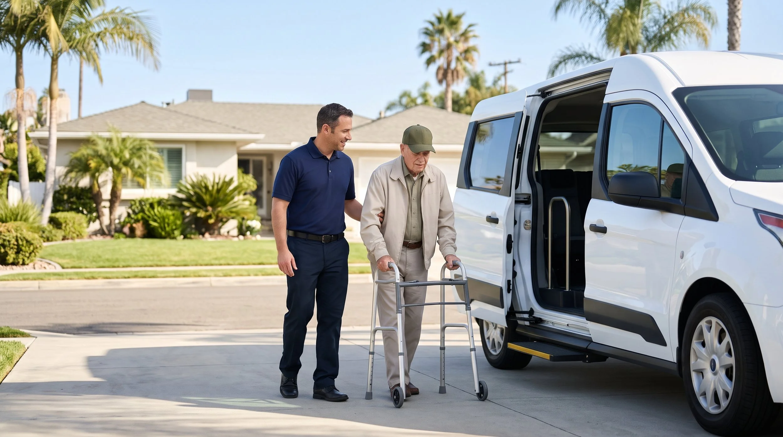 Medical transport attendant escorting an older veteran with a cane into a medical center for his VA appointment