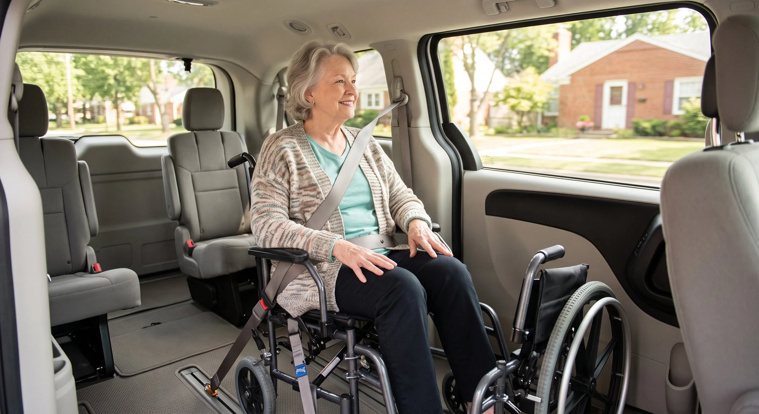 An older adult in a secured wheelchair looks out the window during a calm ride in a bright wheelchair-accessible van