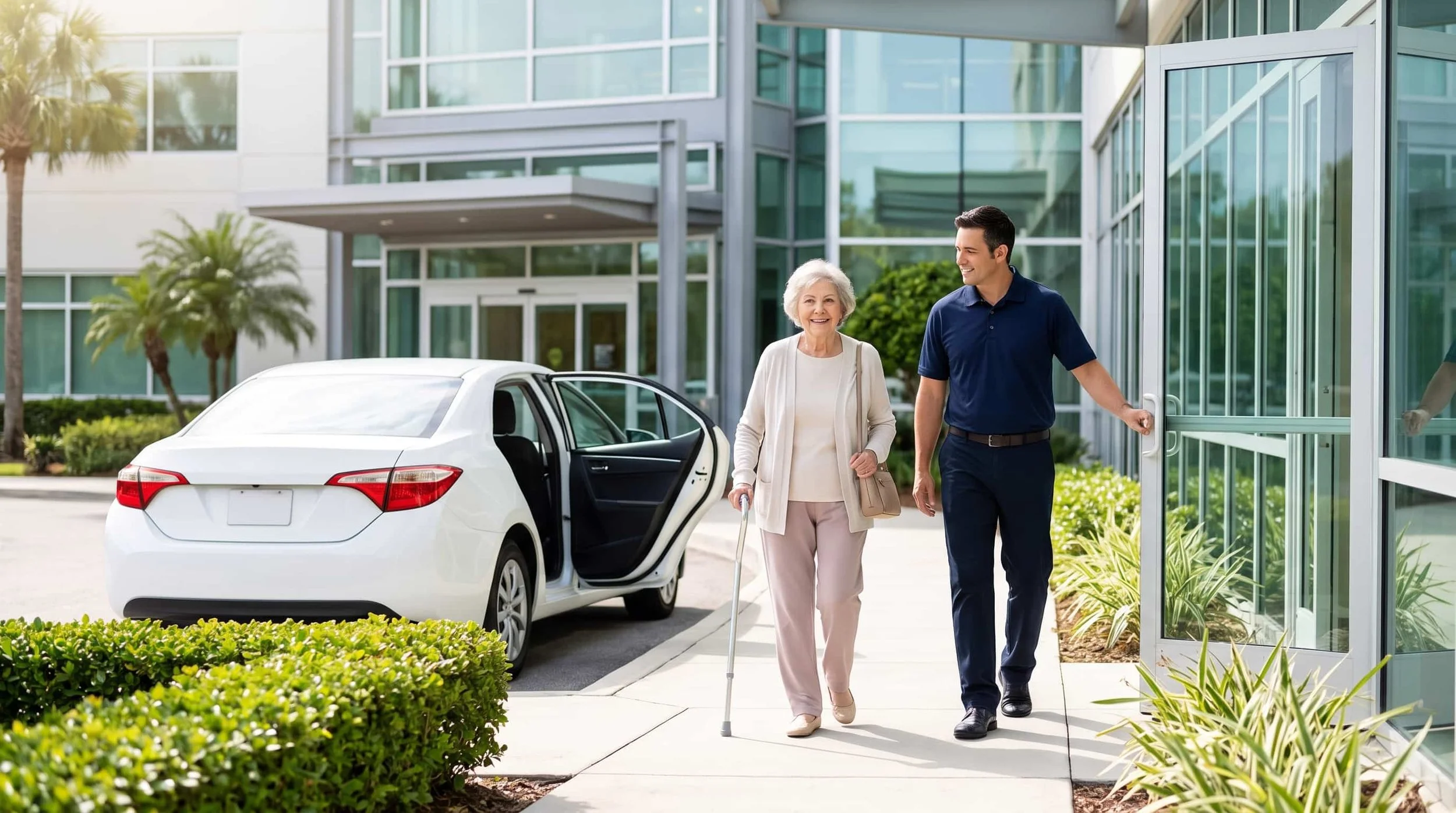 Senior woman with a cane walking into a medical clinic as a driver holds the door, with the sedan parked at the curb behind them