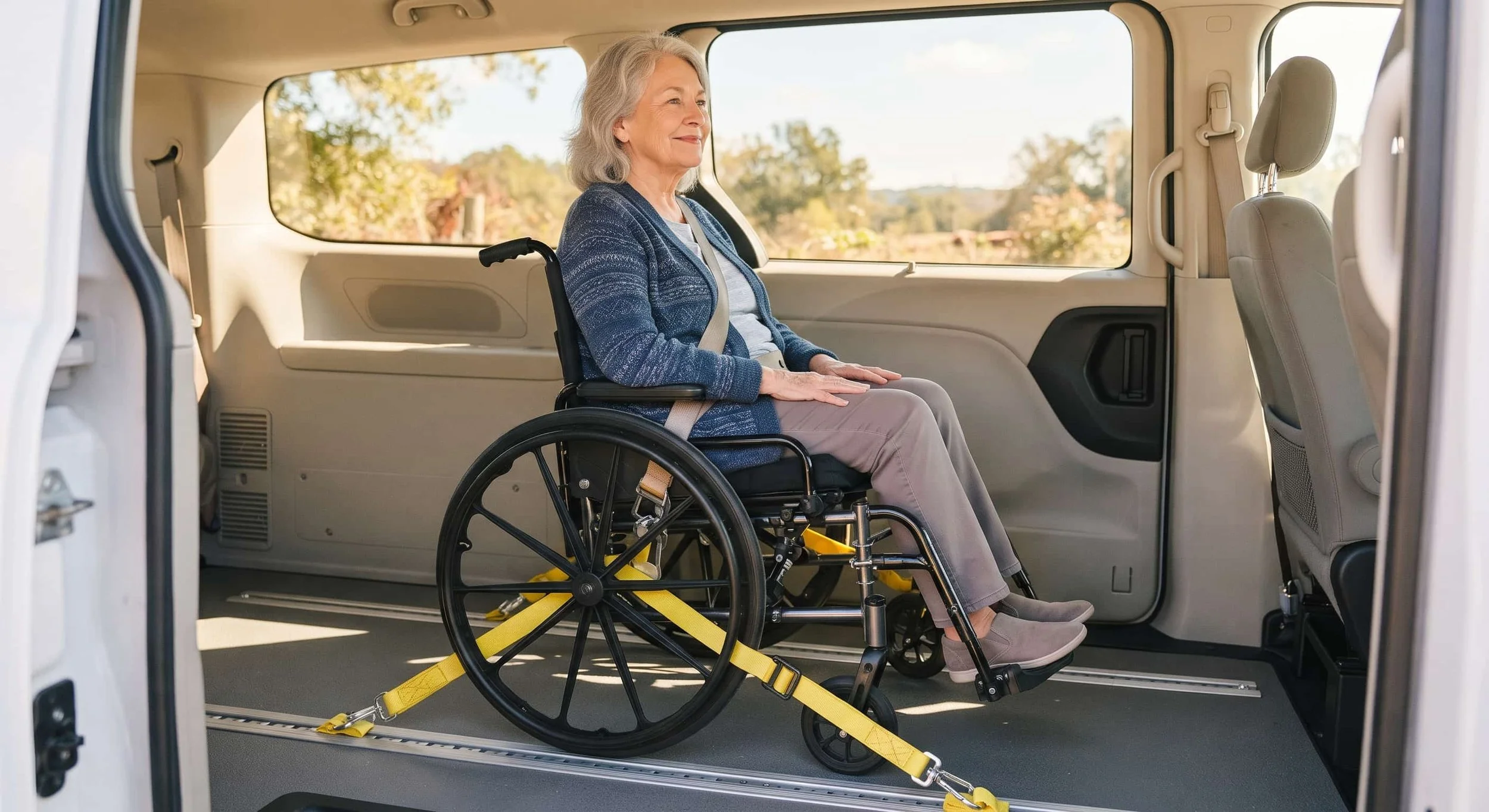 Wheelchair secured facing forward with four tie-down straps and a lap and shoulder belt inside a bright wheelchair accessible van