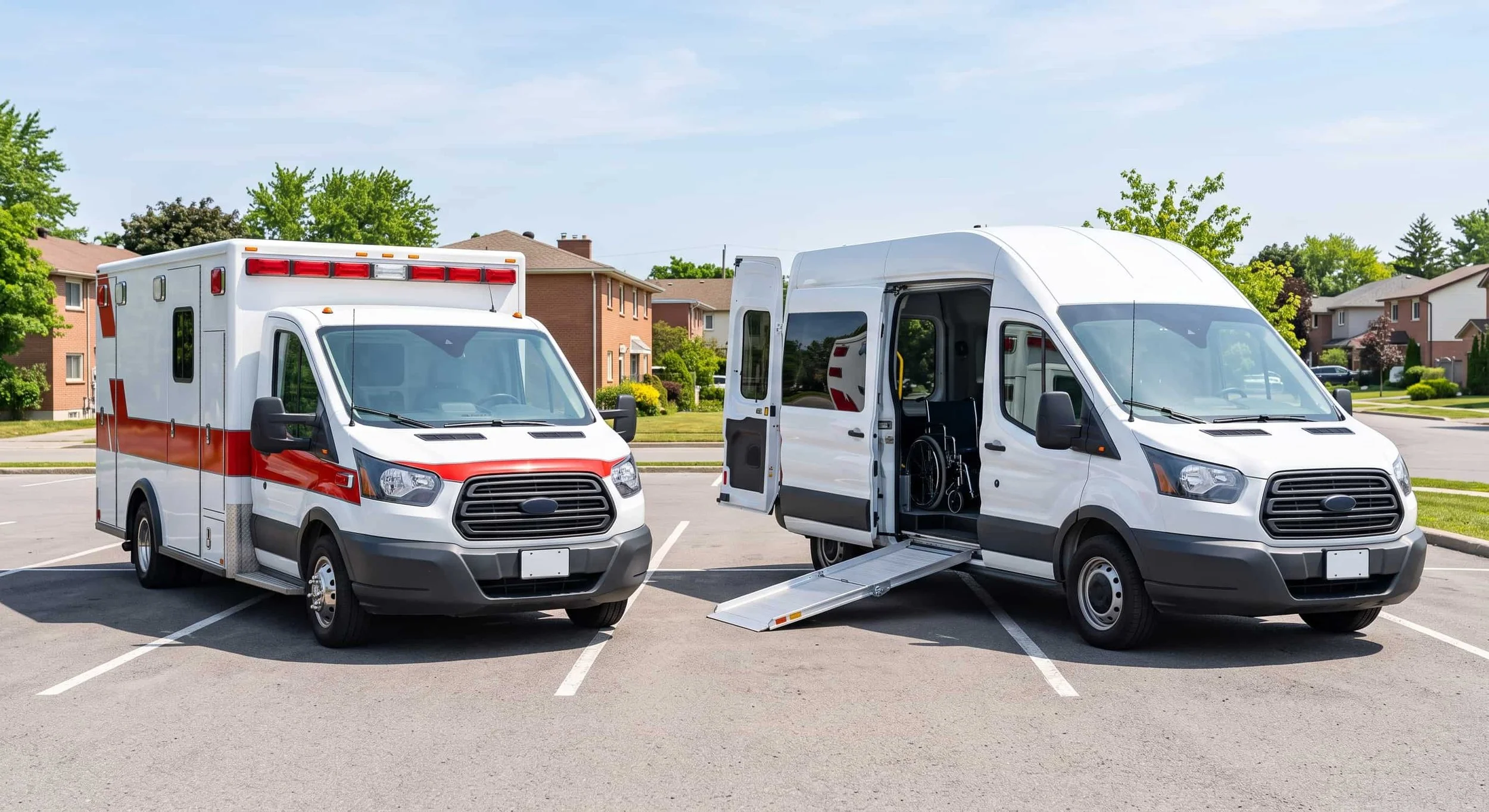 An emergency ambulance and a wheelchair-accessible medical transport van parked side by side in daylight