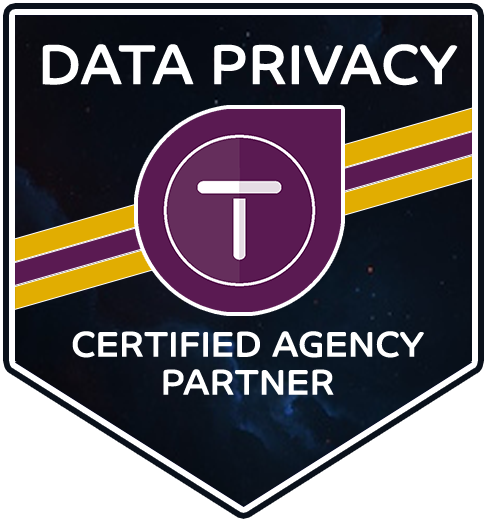 Badge with 'Data Privacy,' 'Certified Agency Partner,' and T logo, featuring purple, yellow, and white colors on a dark, starry background.