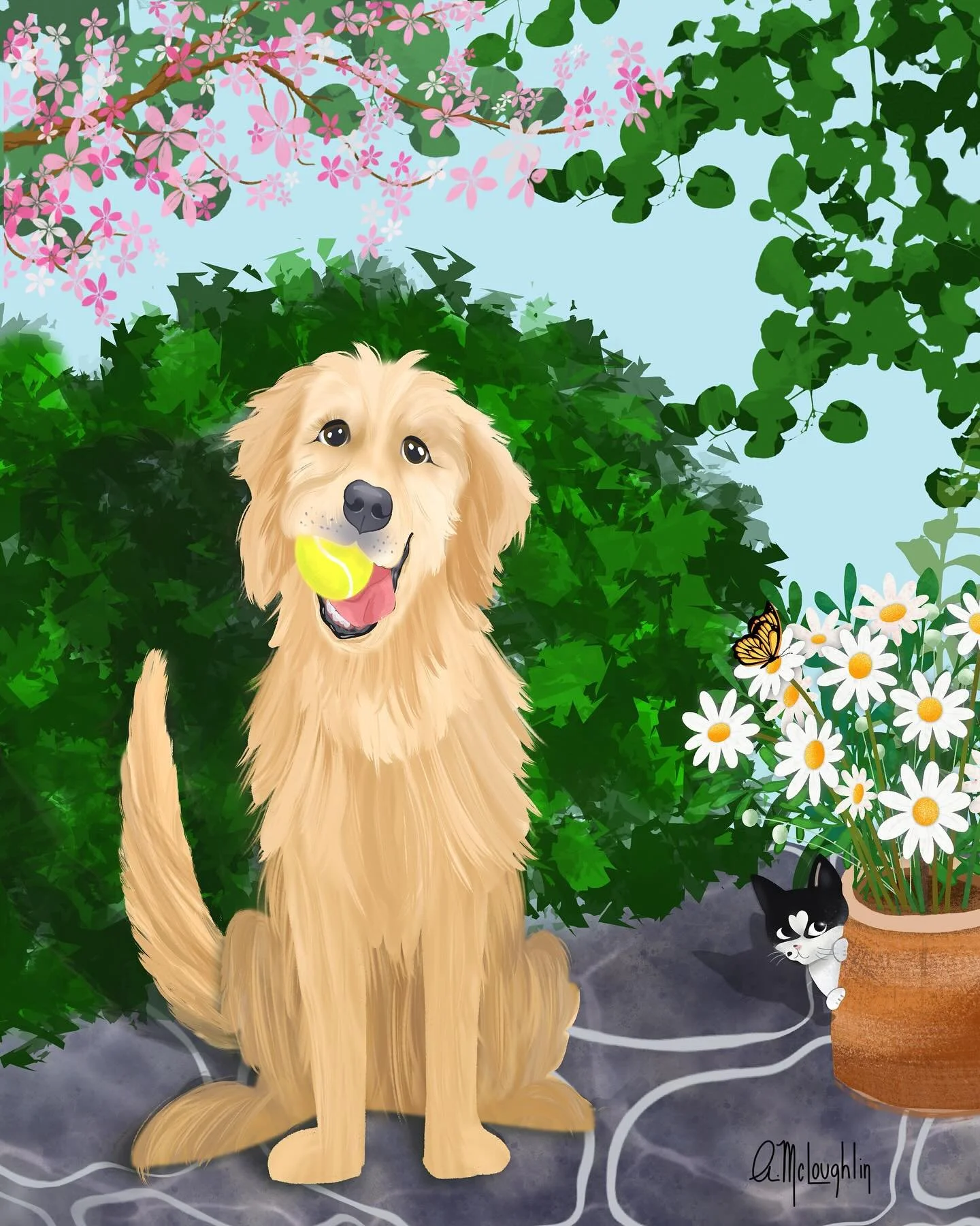 Daisy with tennis ball and Tulip 😻#petportait #procreate