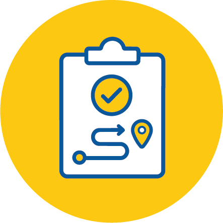 A clipboard with a checkmark and travel path to a location marker