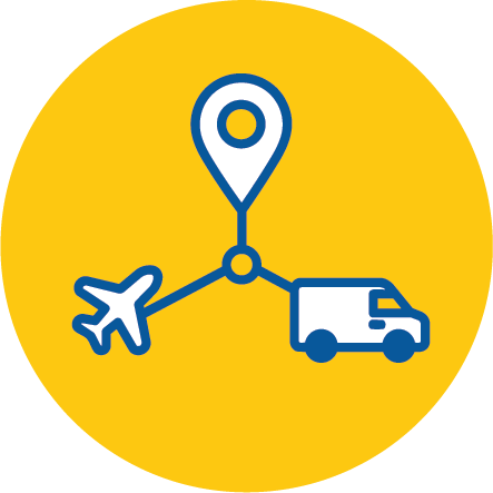 A location marker with a plane or truck driving to it