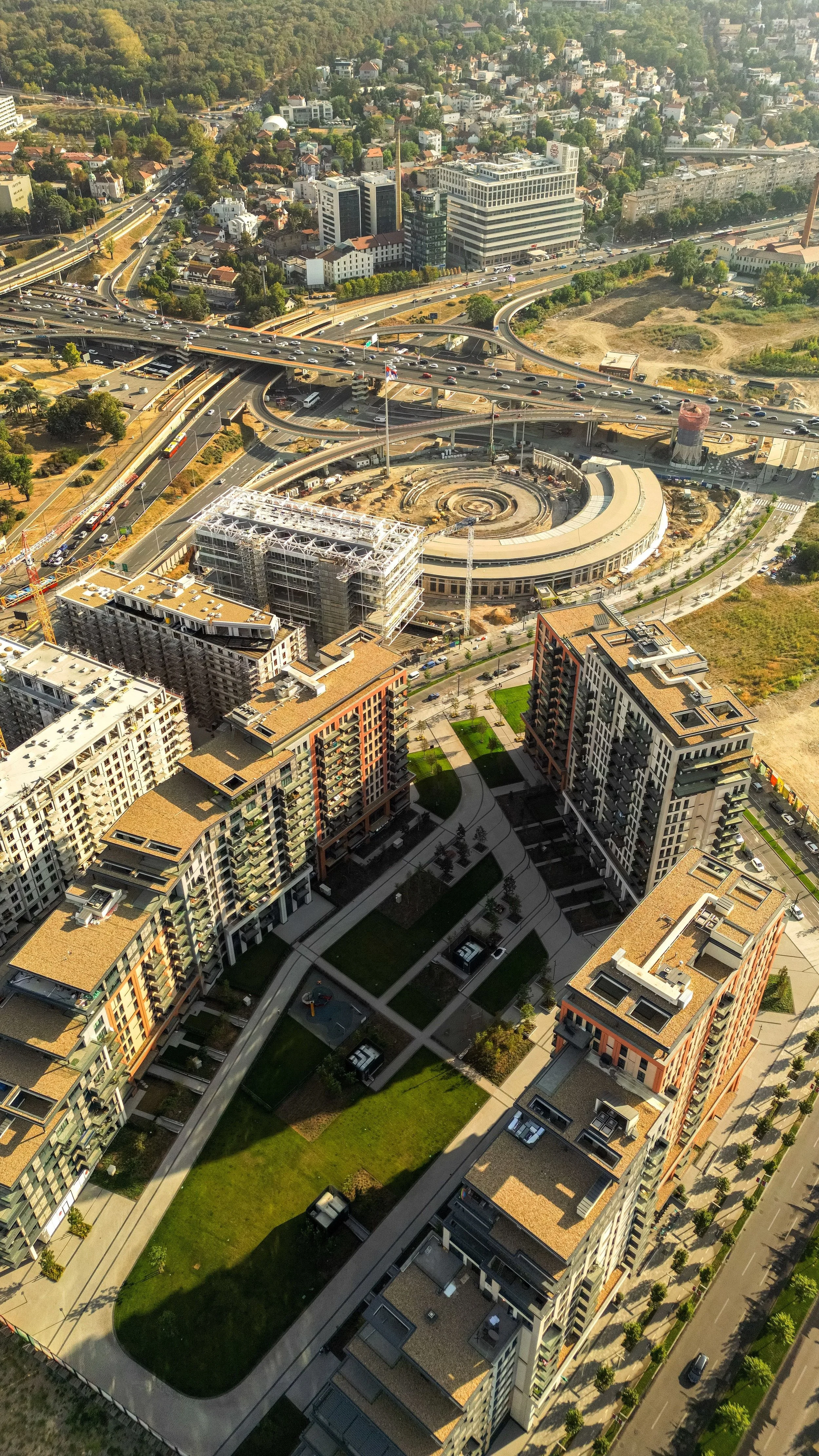 Residential and commercial buildings within a shared mixed-use property owners association community.