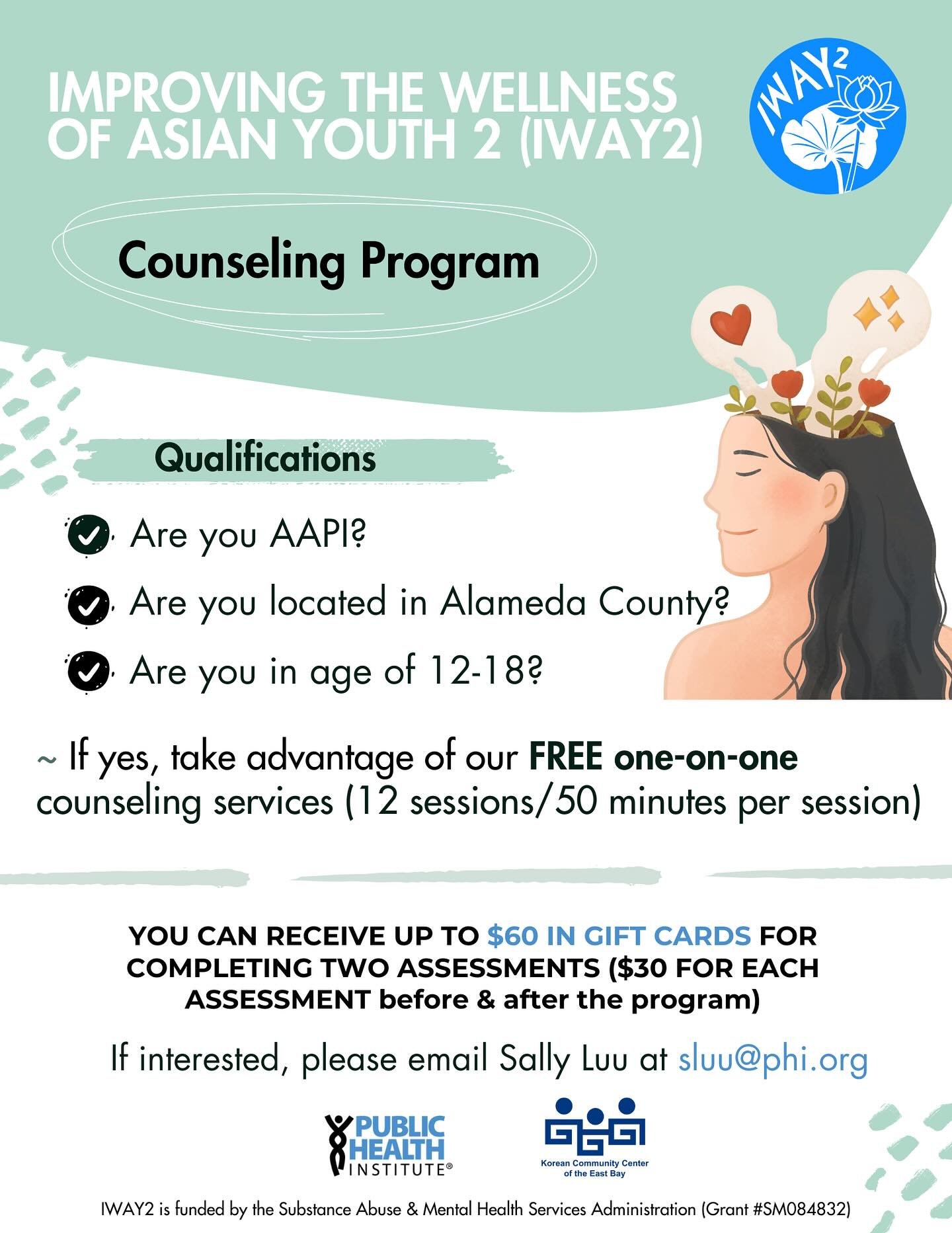We are offering free one-on-one counseling with an AAPI counselor. Counseling sessions can be provided in person or virtually depending on your location. Please scroll to see translations (Traditional Chinese, Vietnamese, Korean, Simplify Chinese, an